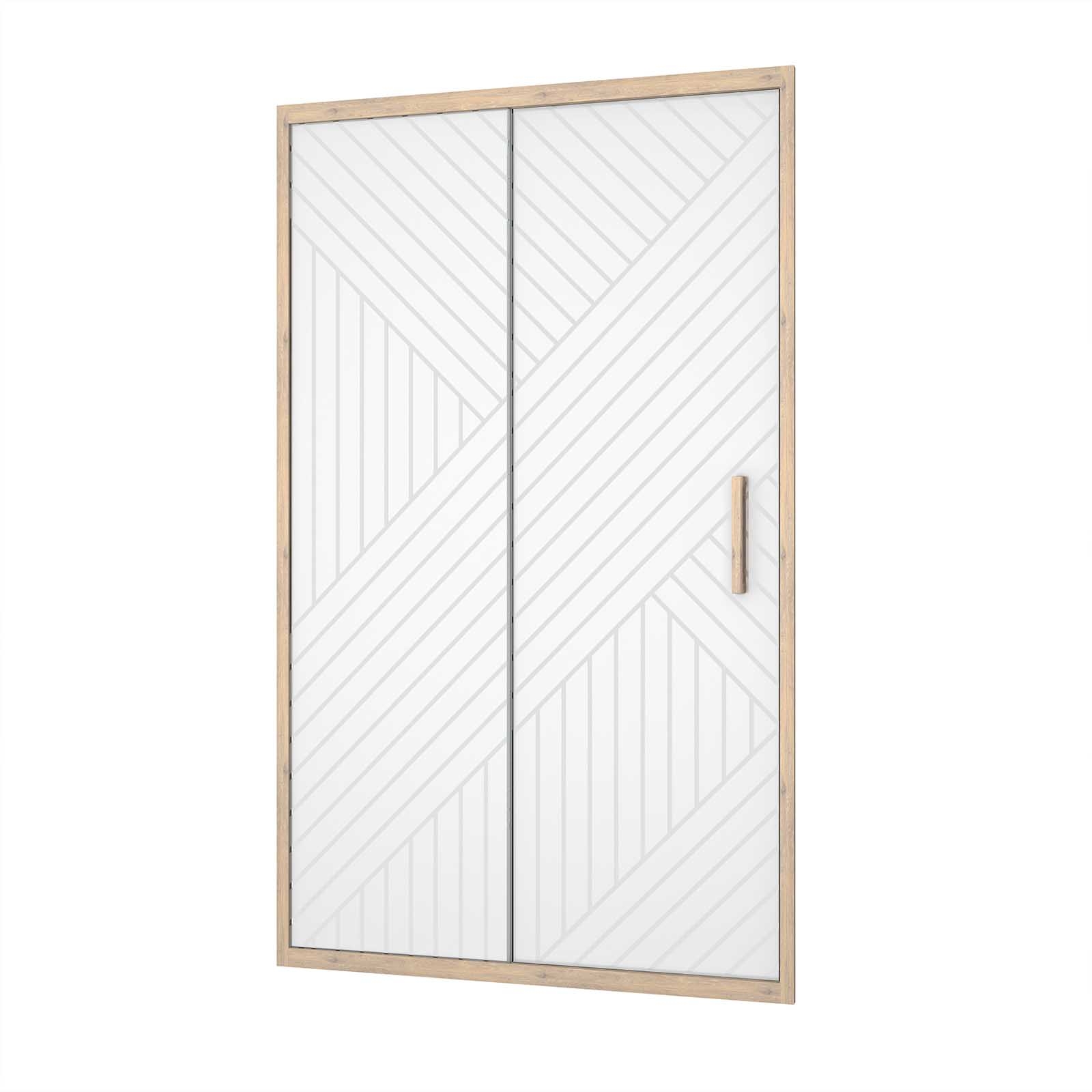 Porte de douche coulissante verre sérigraphié motif géométrique finition bois
