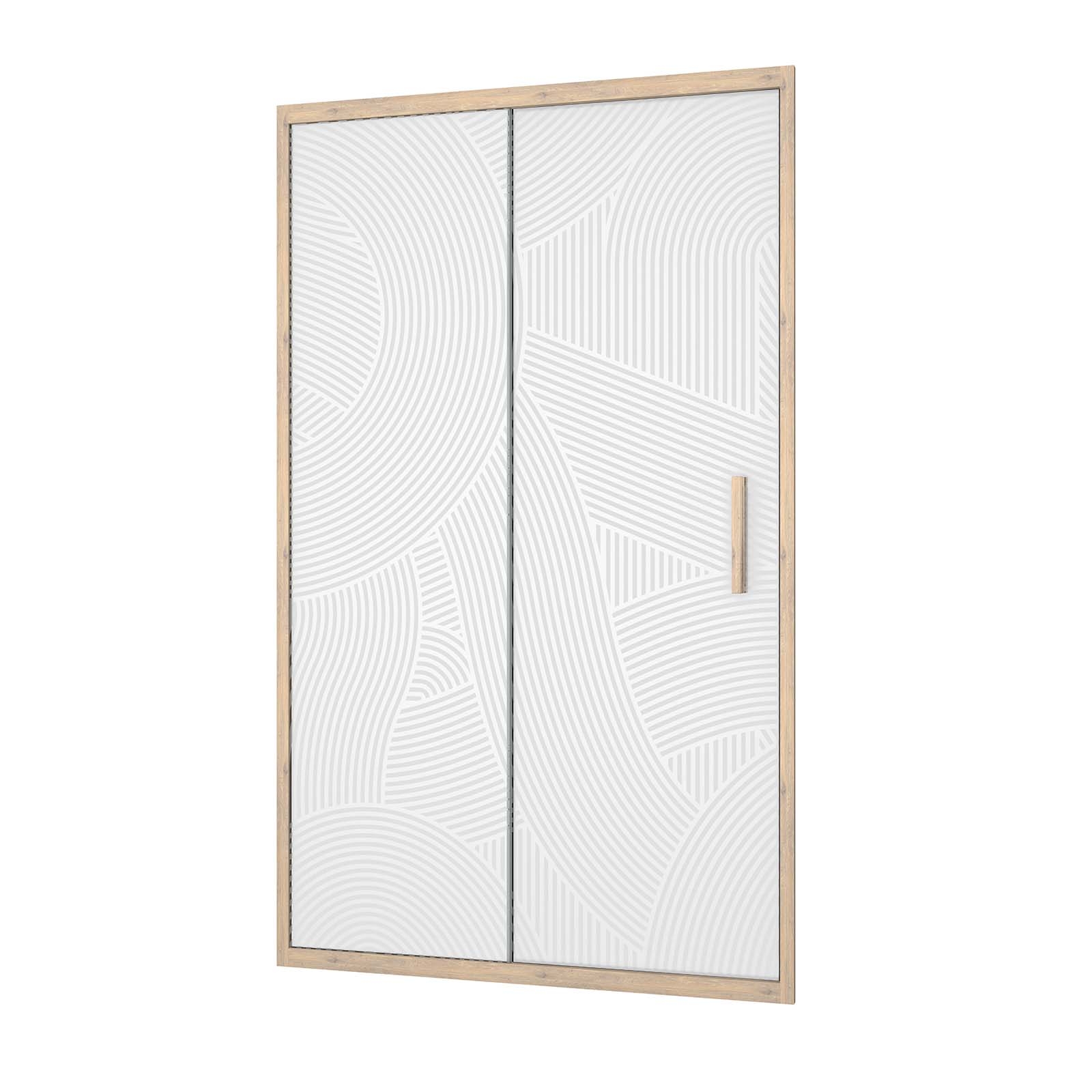 Porte de douche coulissante décor bois verre sérigraphié motif arrondi