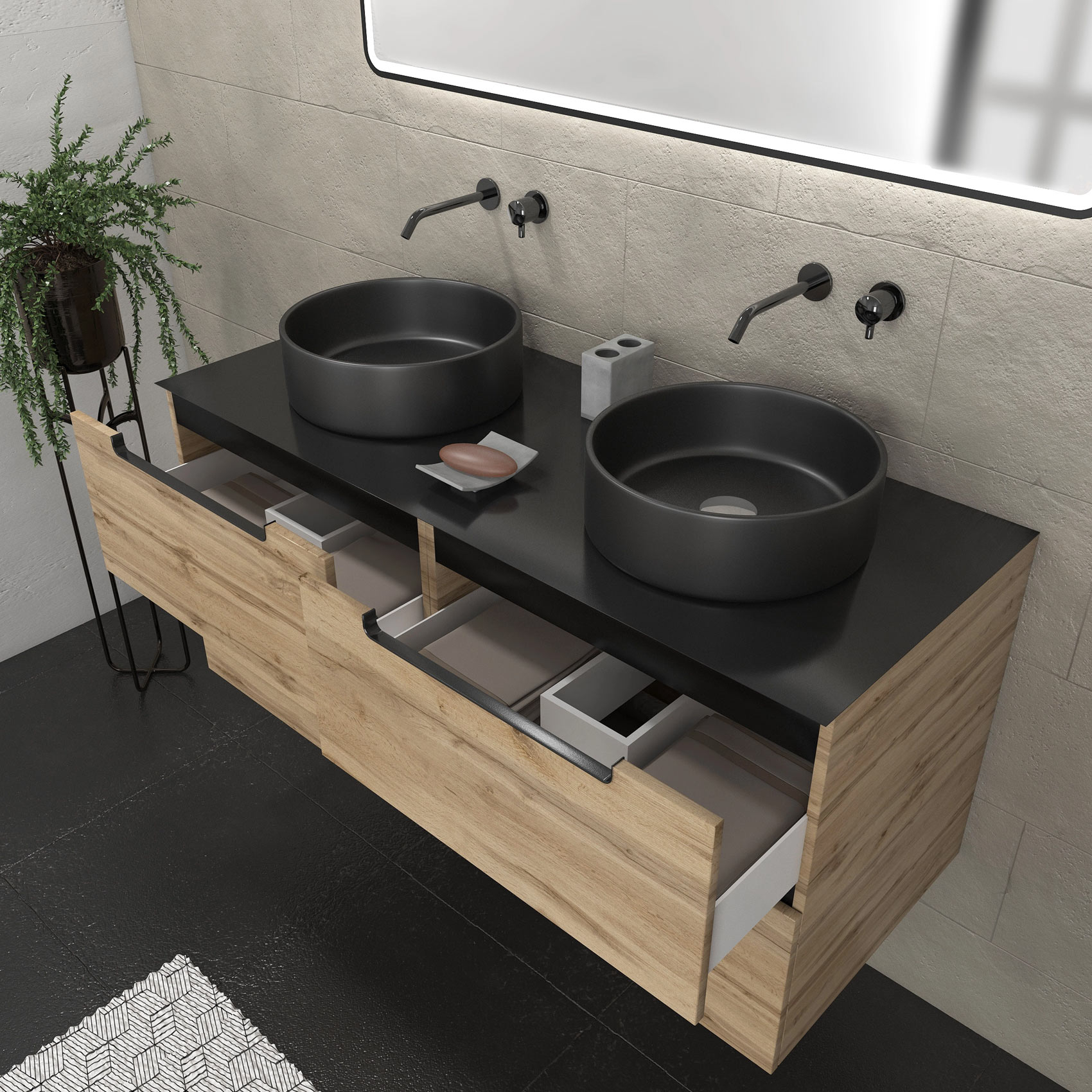 Meuble de salle de bains avec 2 vasques rondes et 1 miroir rectangulaire à led noir — vue 3