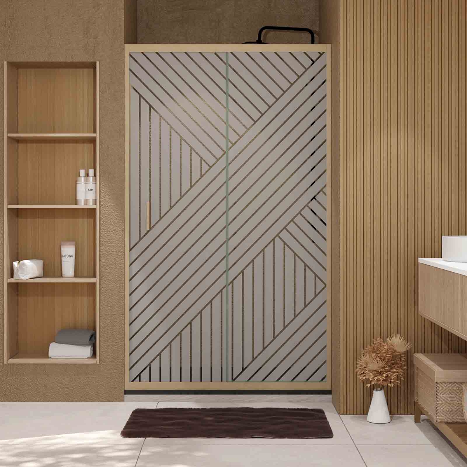 Porte de douche coulissante verre sérigraphié motif géométrique finition bois — vue 6