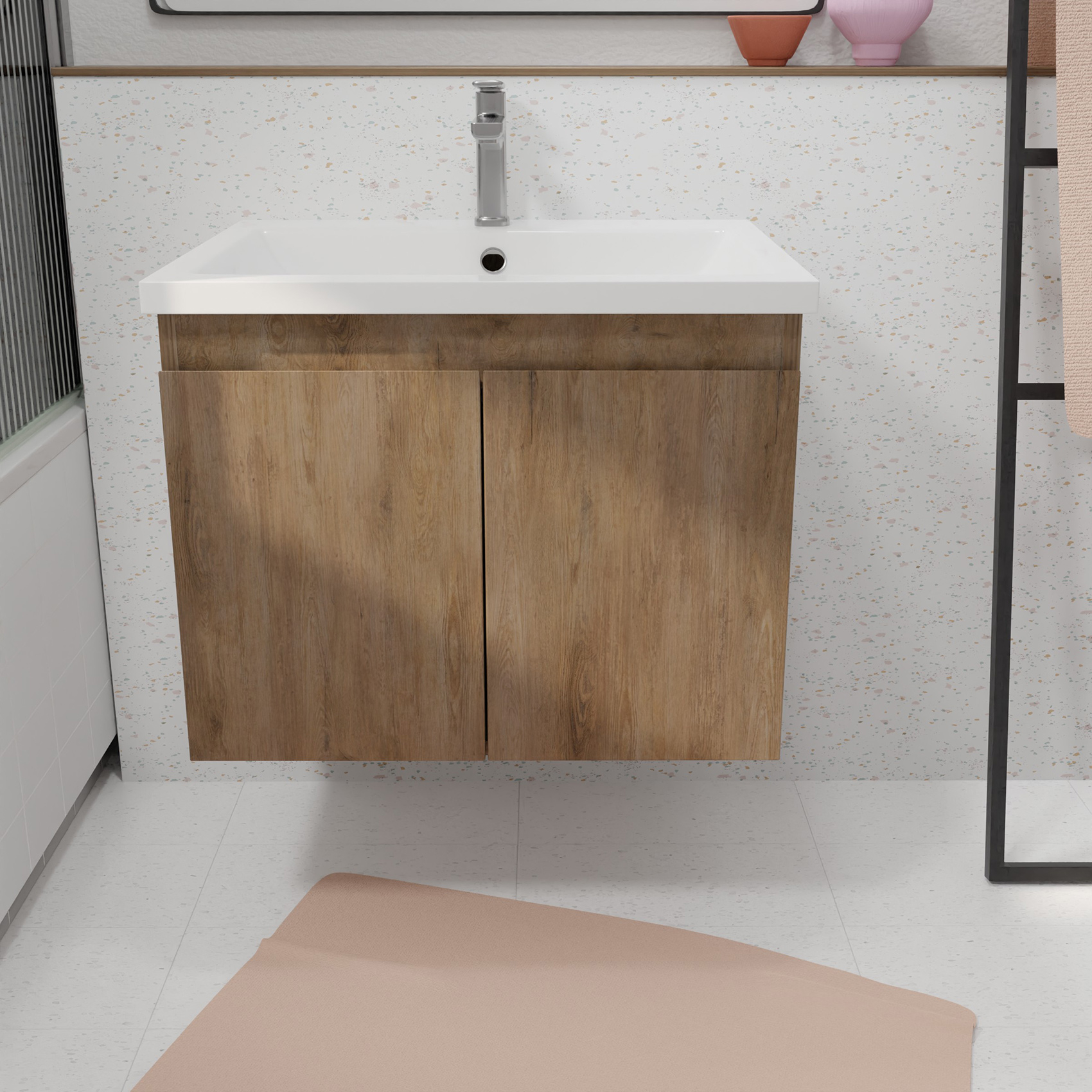 Meuble salle de bain à suspendre en bois avec vasque encastrée — vue 4