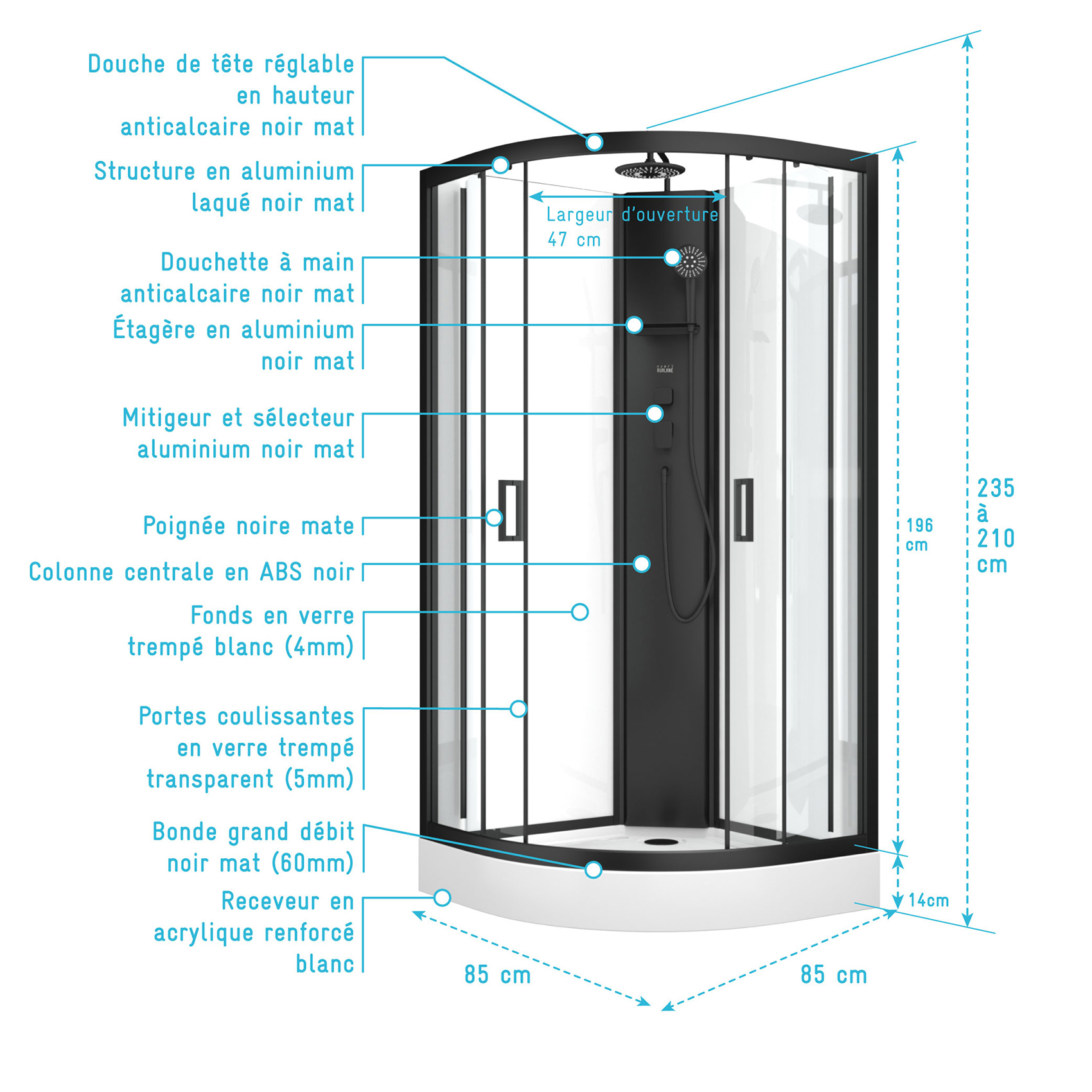 Cabine de douche 1/4 de cercle style contemporain — vue 4