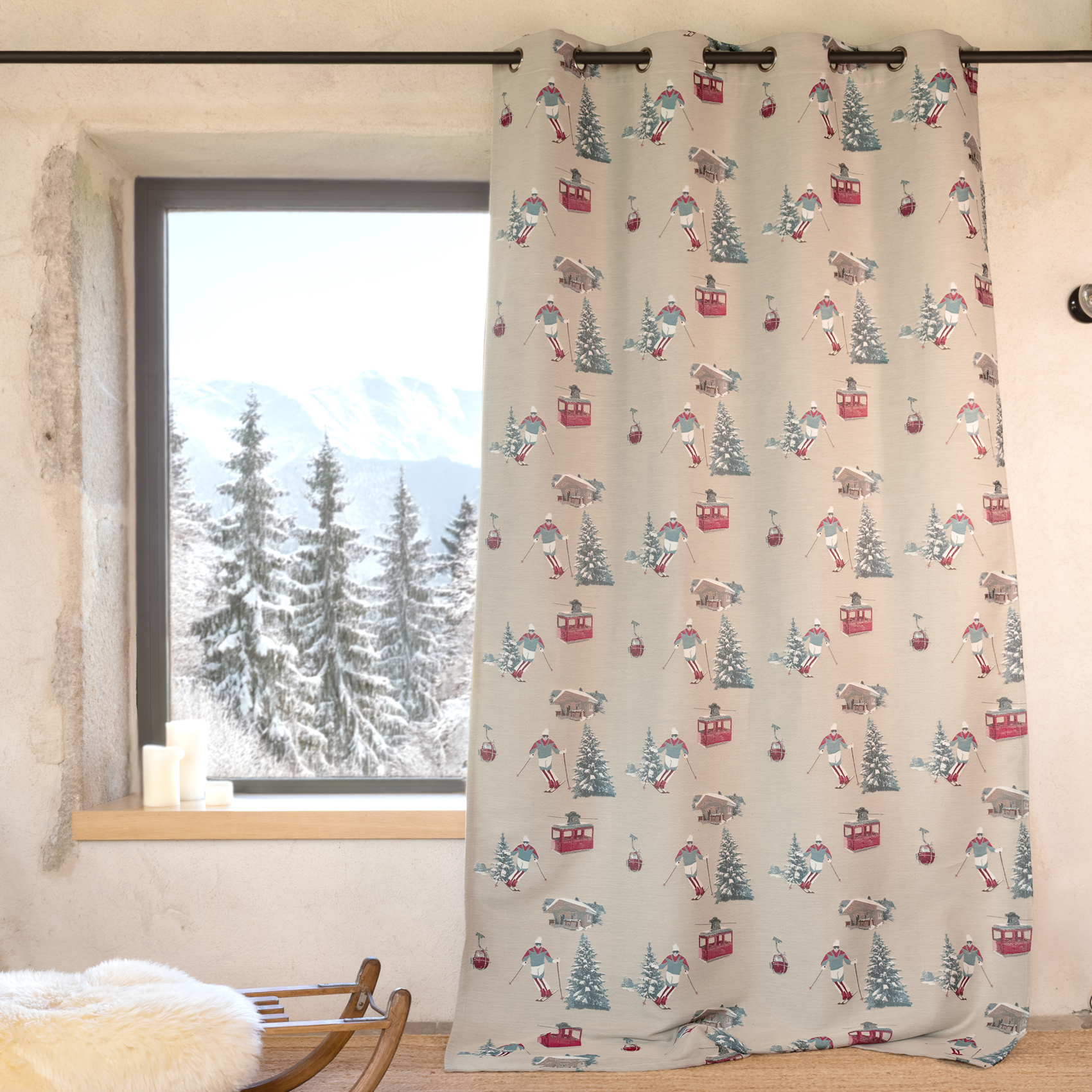 Rideau jacquard à œillets avec motifs skieurs et sapins