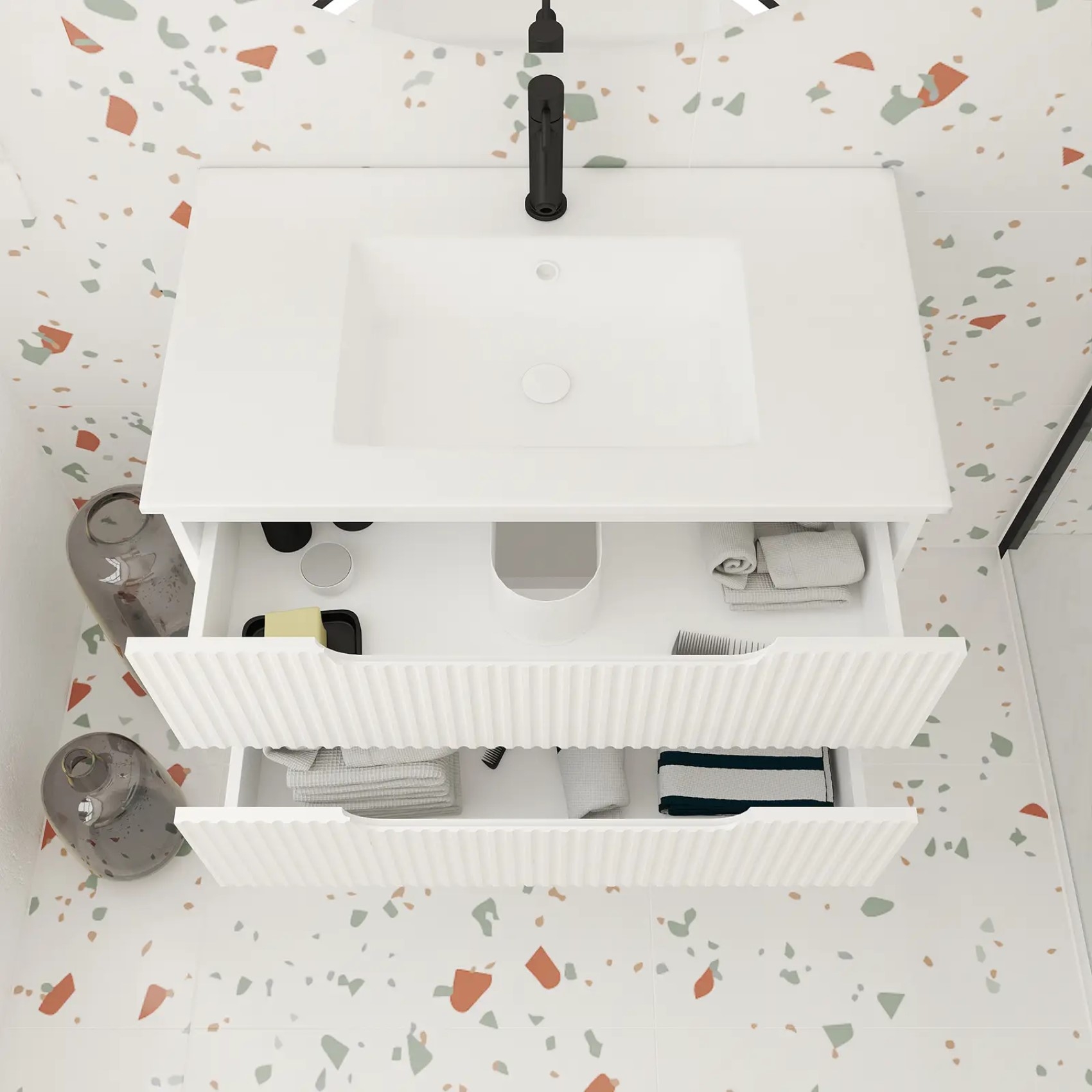 Meuble de salle de bain ondulé à suspendre avec vasque à encastrer — vue 3