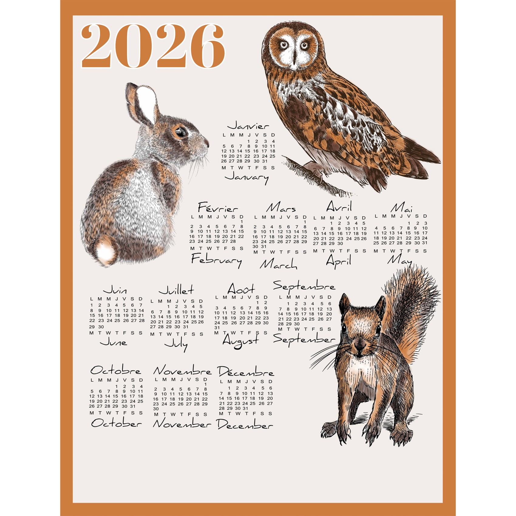 Torchon calendrier 2026 animaux du jardin coton