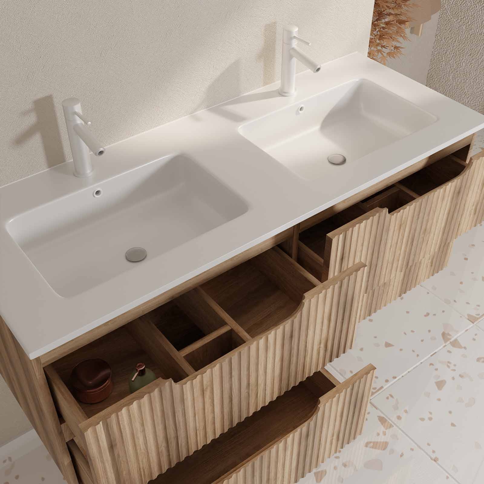 Meuble de salle de bain double vasque encastrée avec façade ondulée et rangements spacieux — vue 3