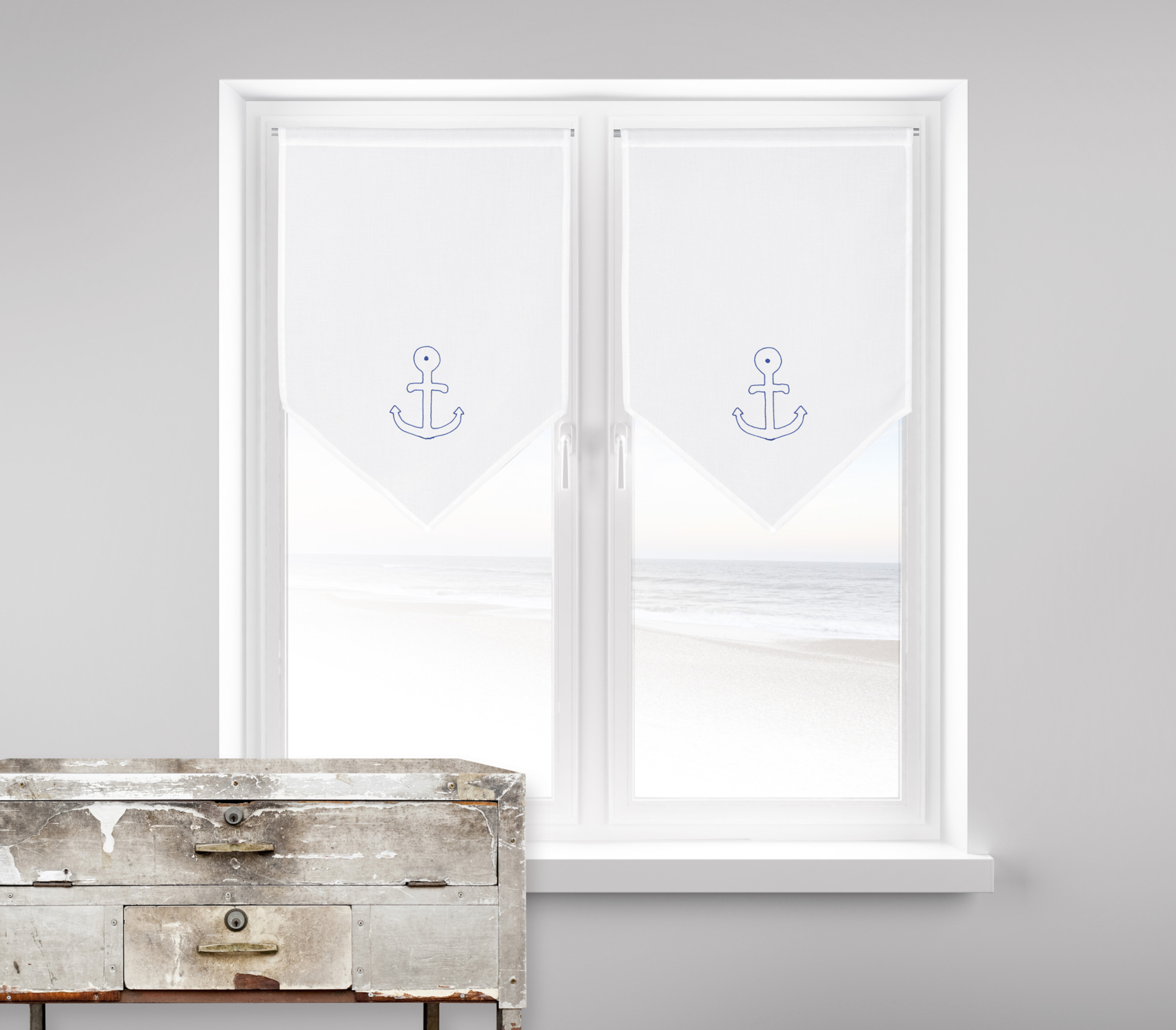 Paire de petits voilages brodés Ancre Marine