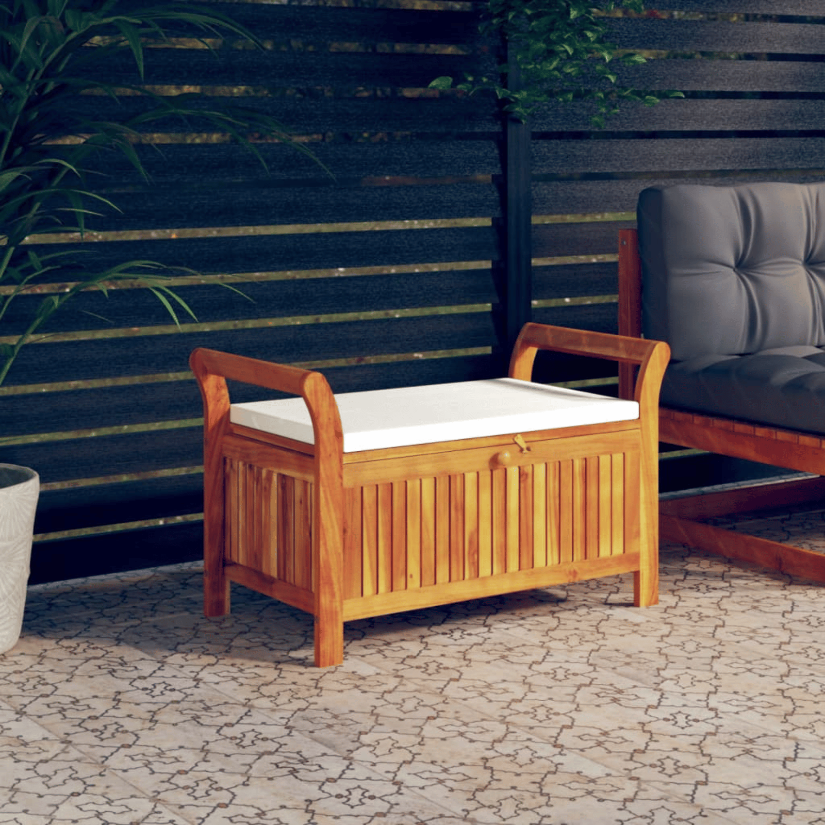 Banc de rangement extérieur en acacia — vue 4