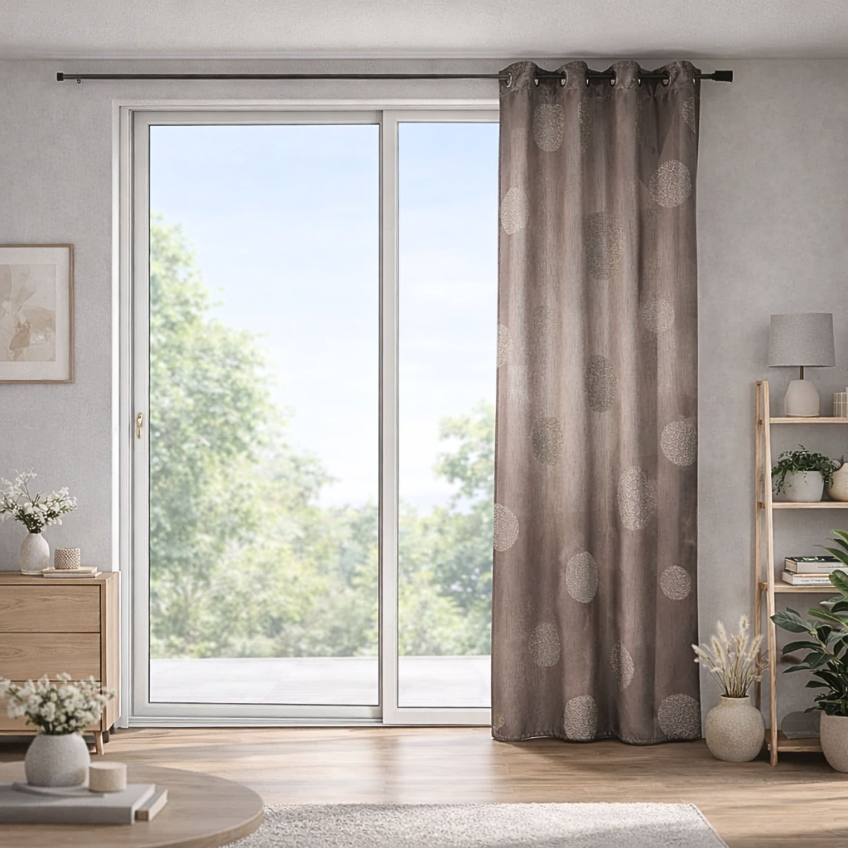 Rideau Taupe en Shantung Brodé 'Ronds Mêlés'