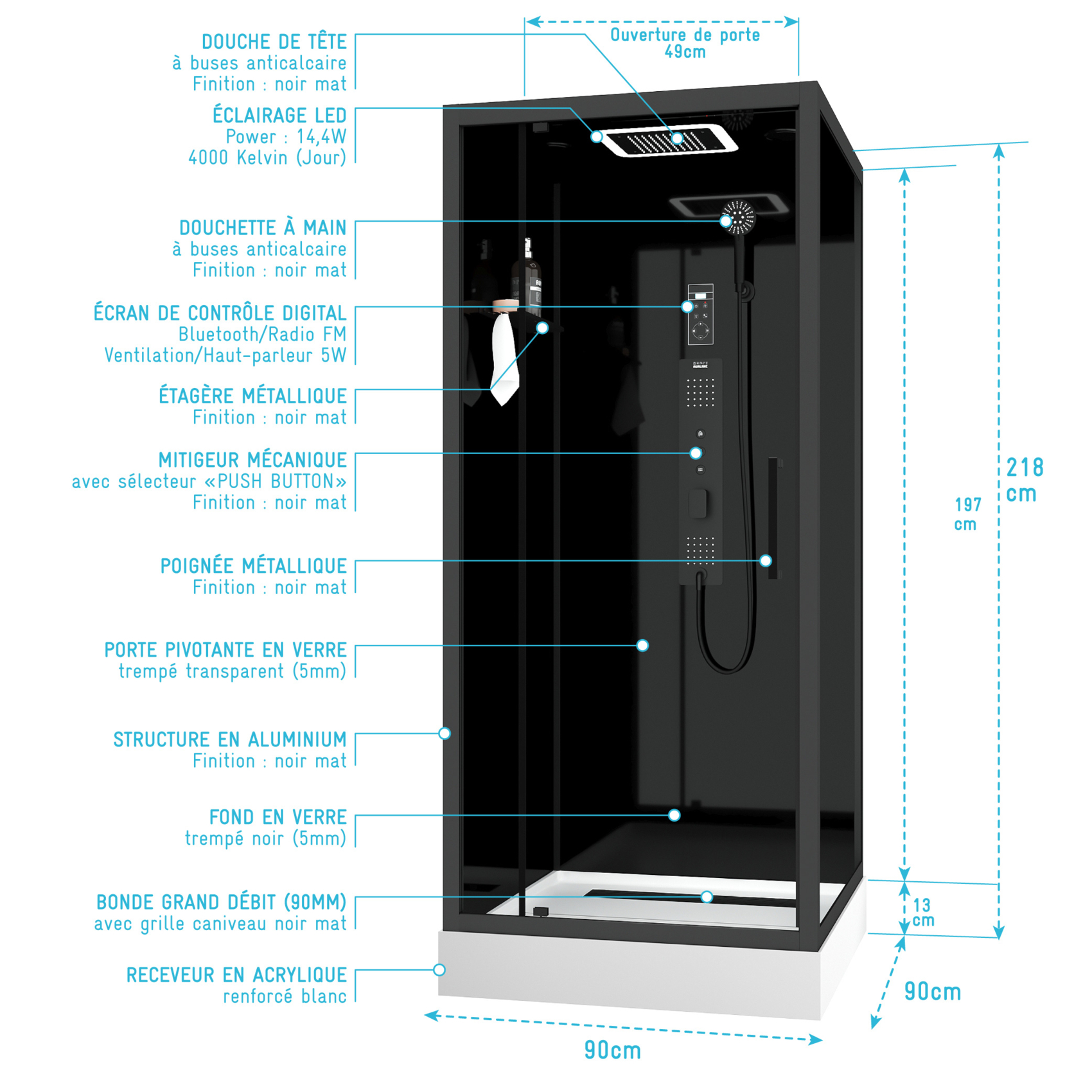 Cabine de douche hydromassante porte pivotante et panneau de contrôle tactile — vue 4