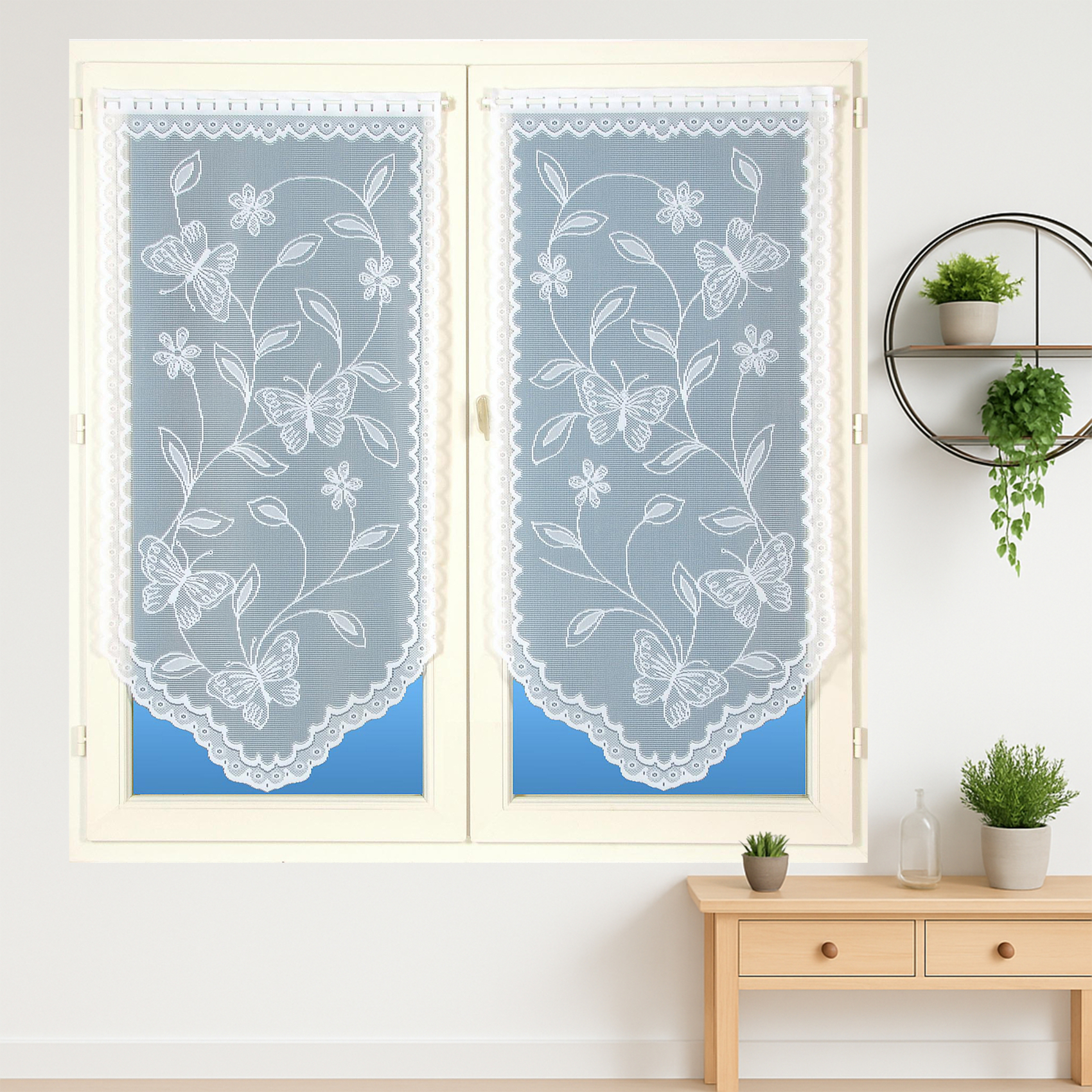 Paire de vitrages base découpée dentelle papillons