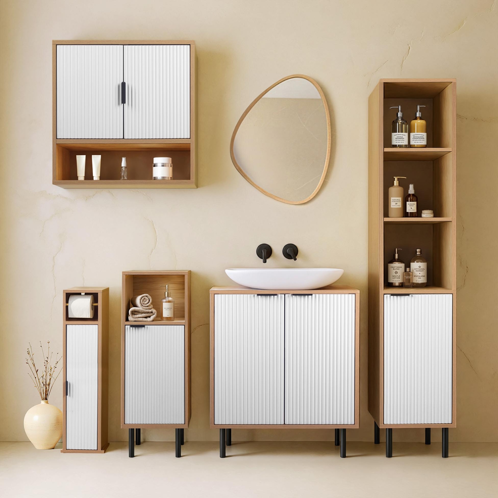 Meuble dérouleur papier WC avec rangement et porte rainurée — vue 3
