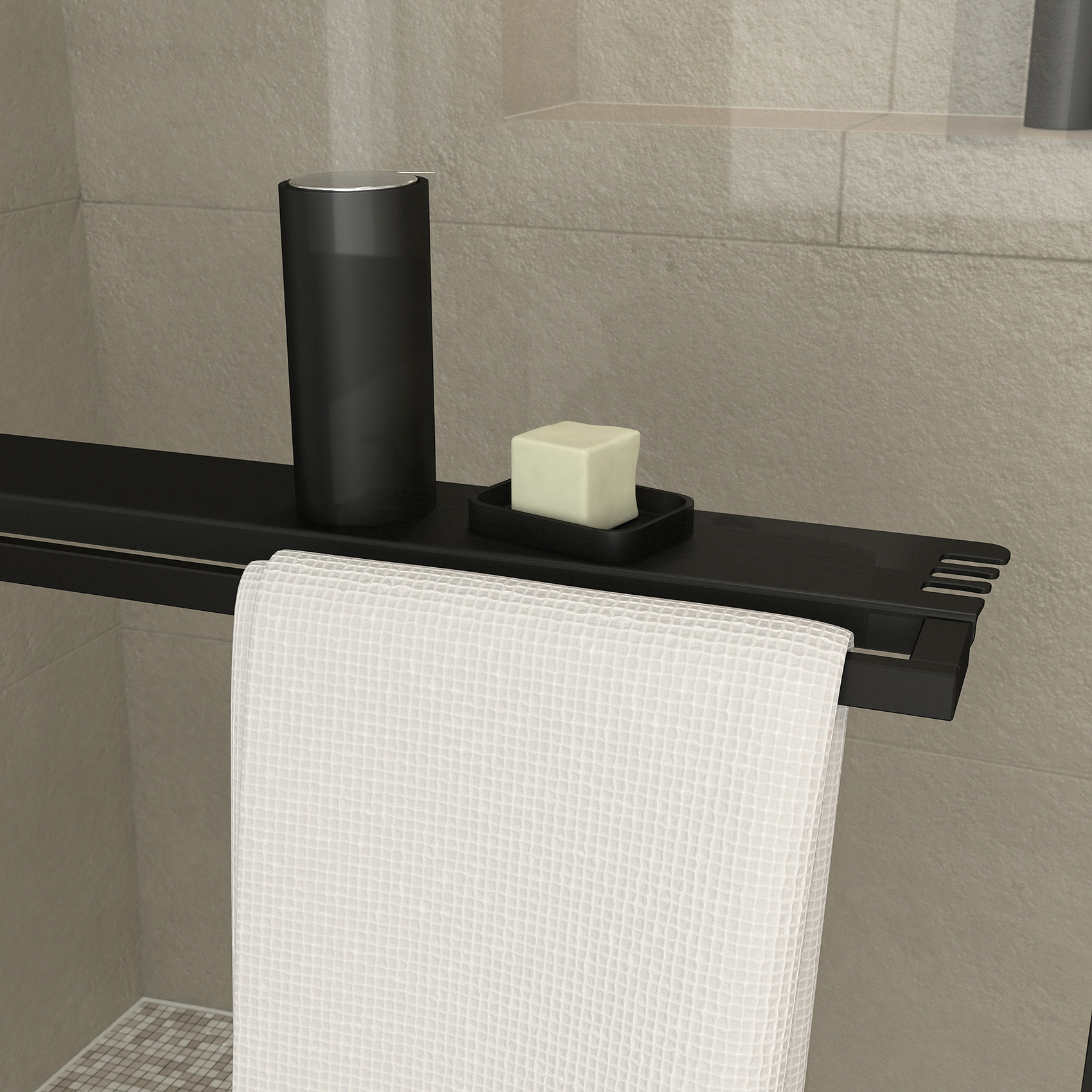 Paroi de douche avec porte-serviette et étagère — vue 3