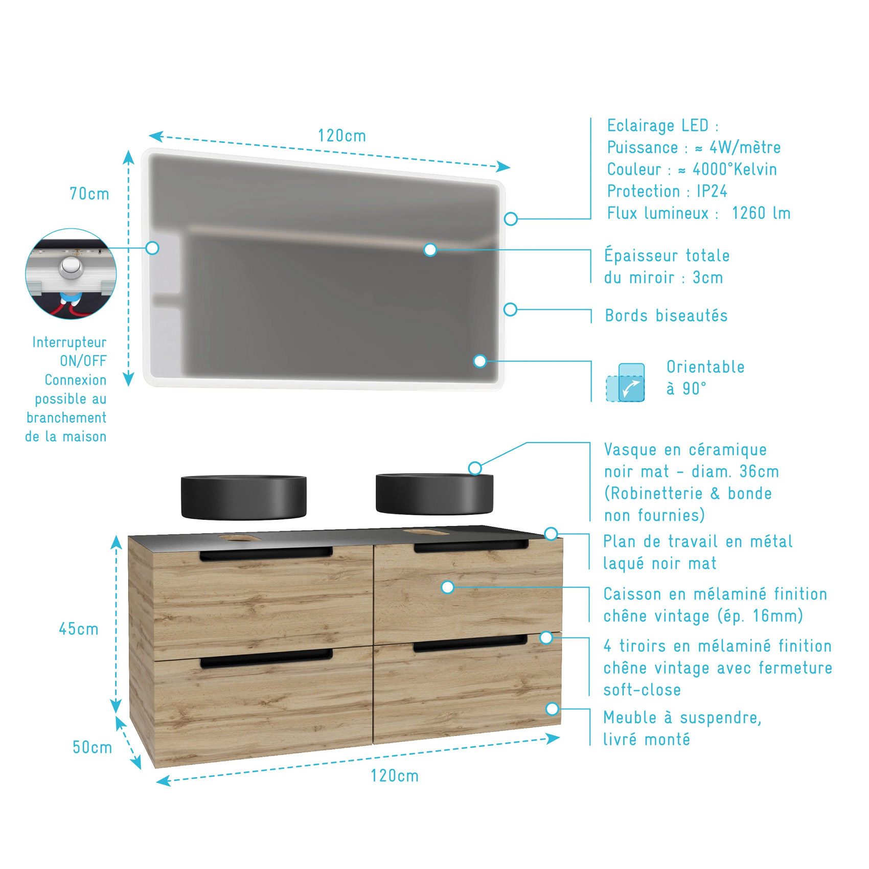 Meuble de salle de bains avec 2 vasques rondes et 1 miroir rectangulaire à led — vue 6