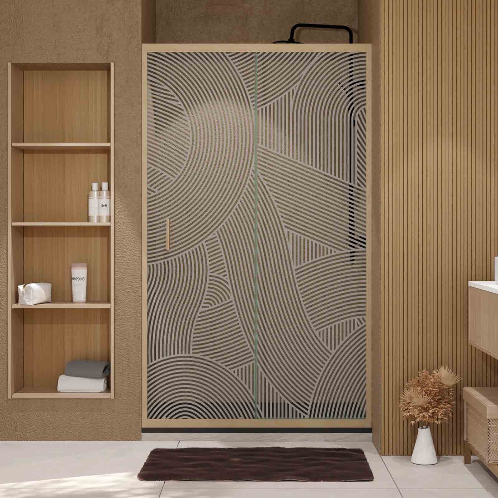 Porte de douche coulissante décor bois verre sérigraphié motif arrondi — vue 6