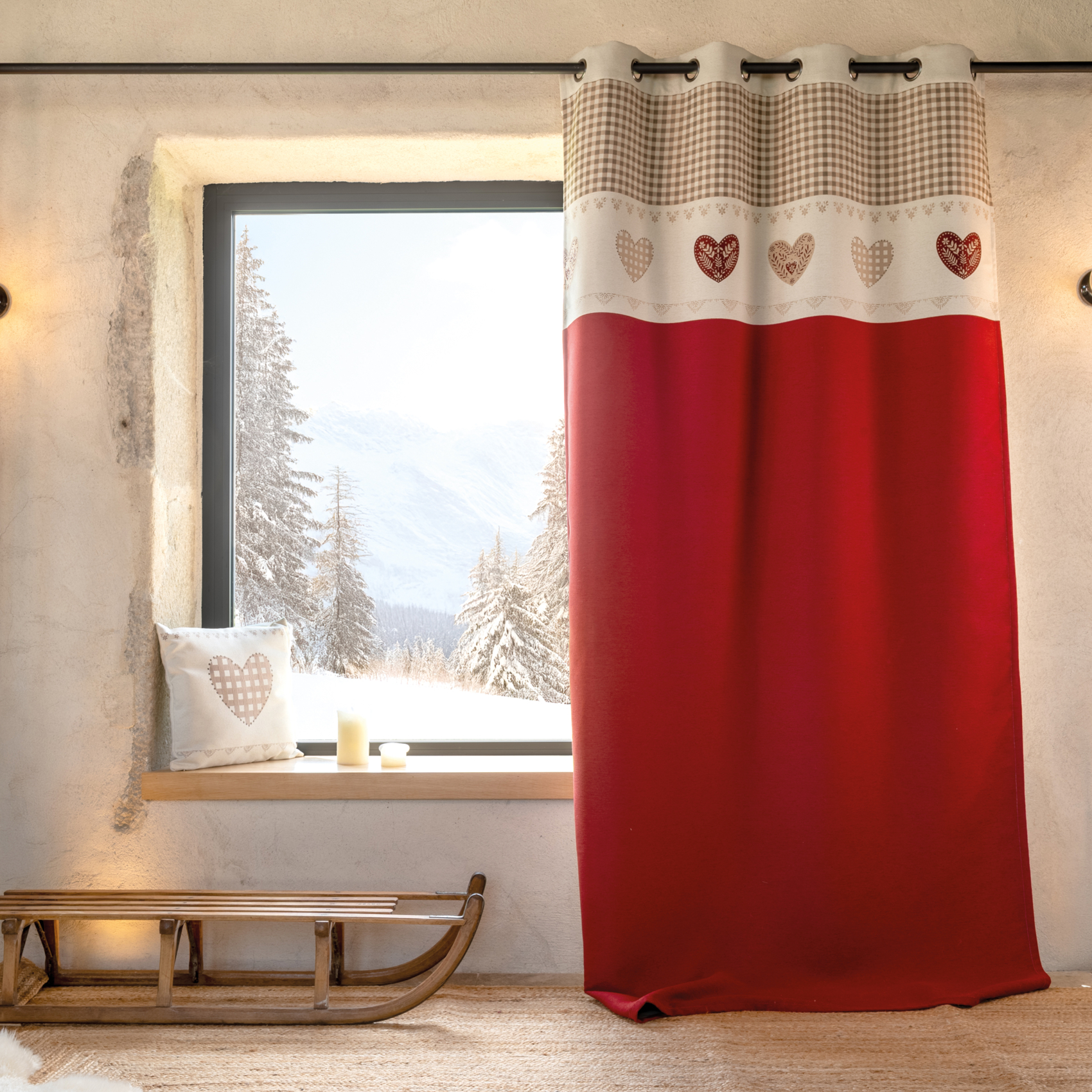 Rideau jacquard à œillets avec haut vichy et motifs cœurs — vue 5