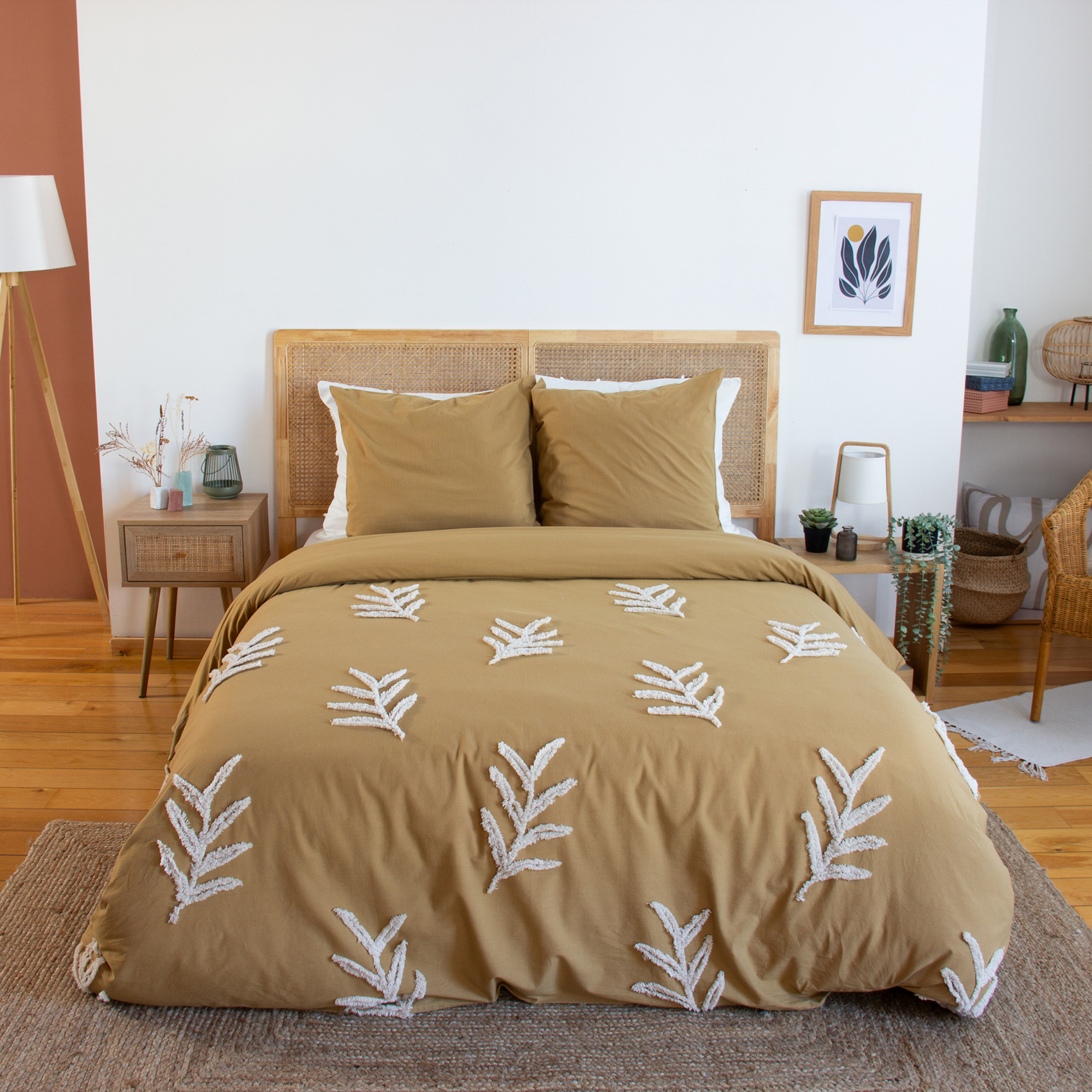 Parure de lit coton lavé tuftée feuilles