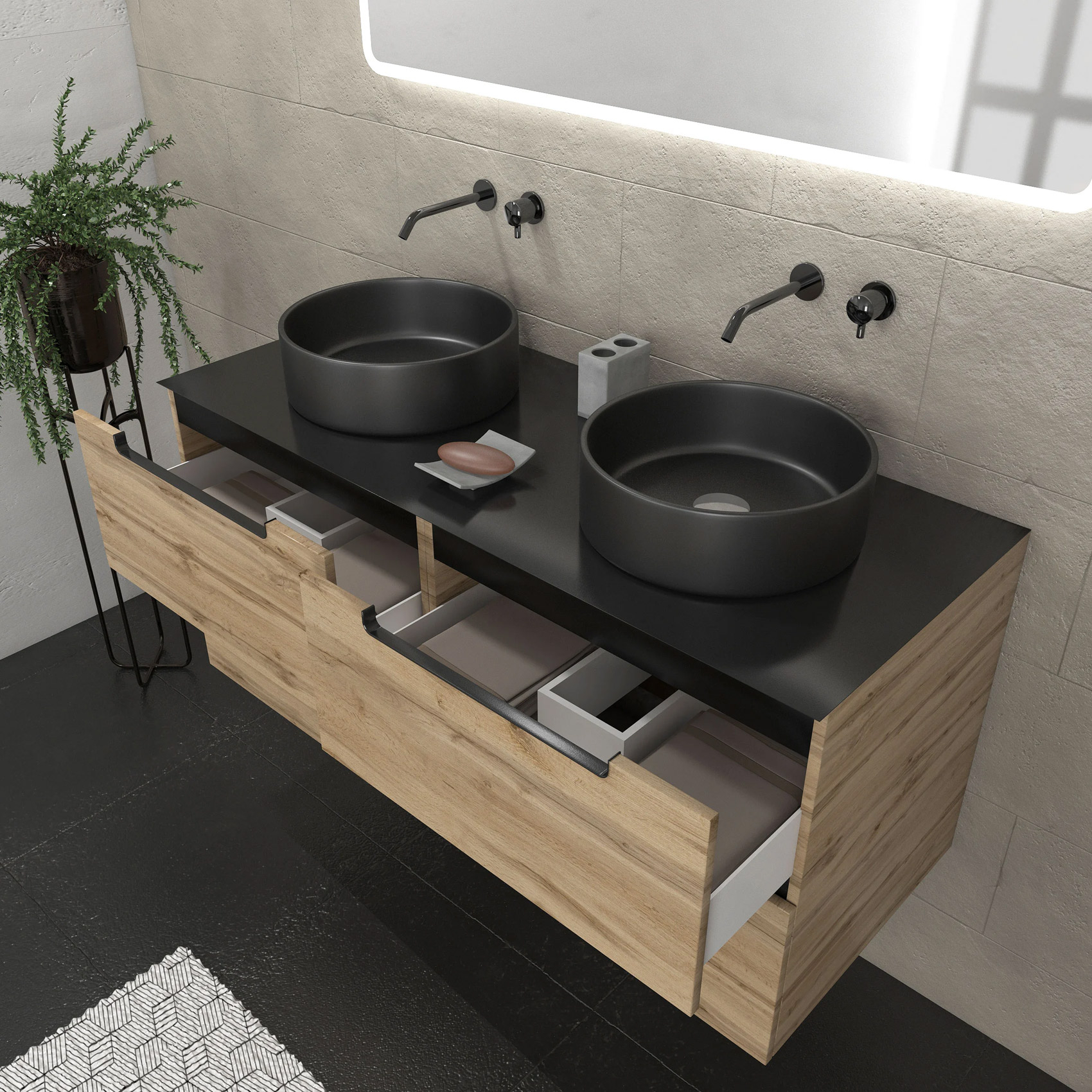 Meuble de salle de bains avec 2 vasques rondes et 1 miroir rectangulaire à led — vue 3