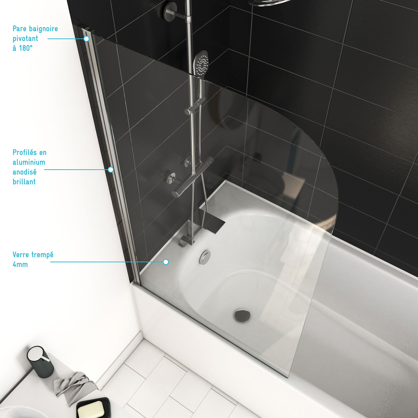 Pare baignoire pivotant courbé en verre trempé — vue 4