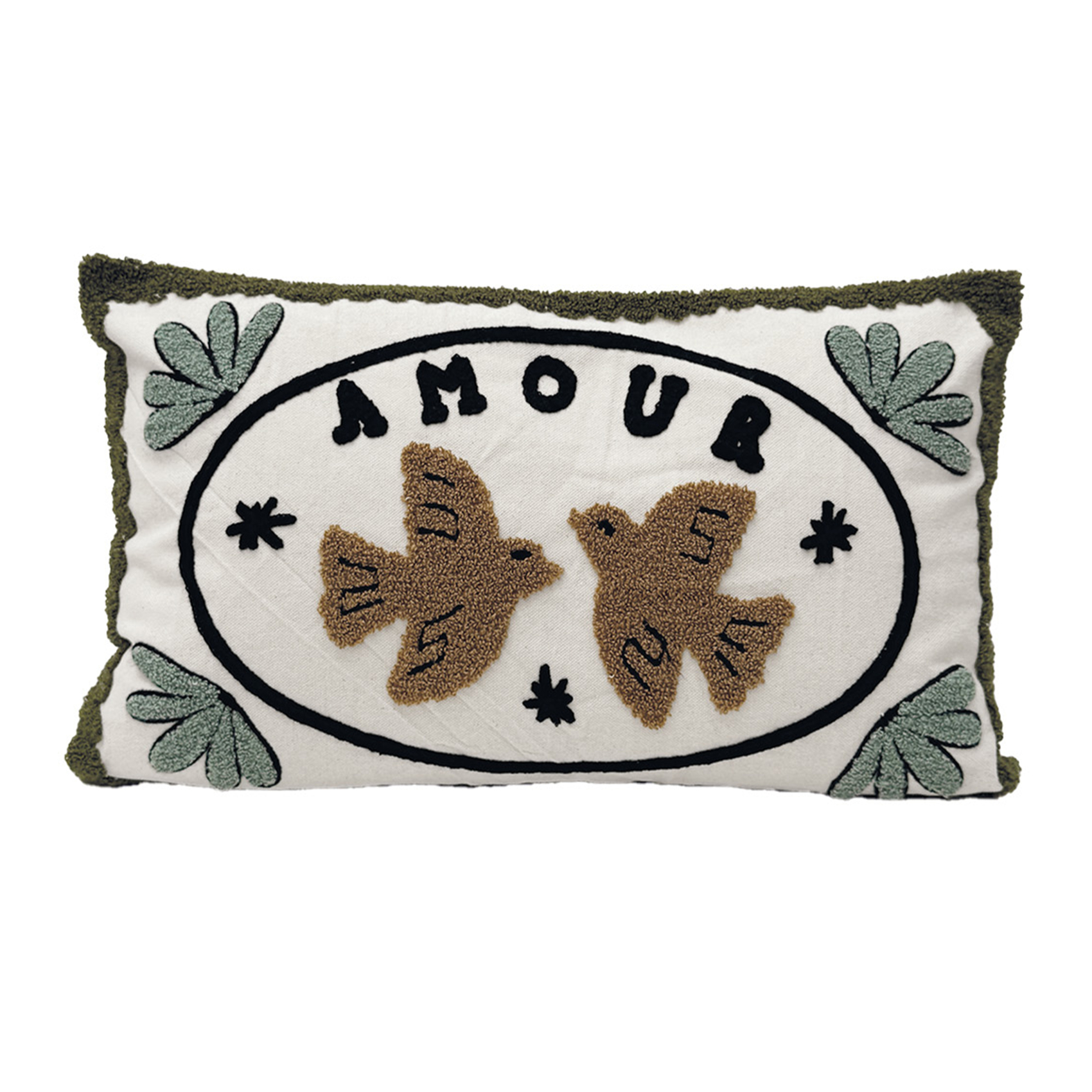 Coussin brodé avec motif oiseaux et amour
