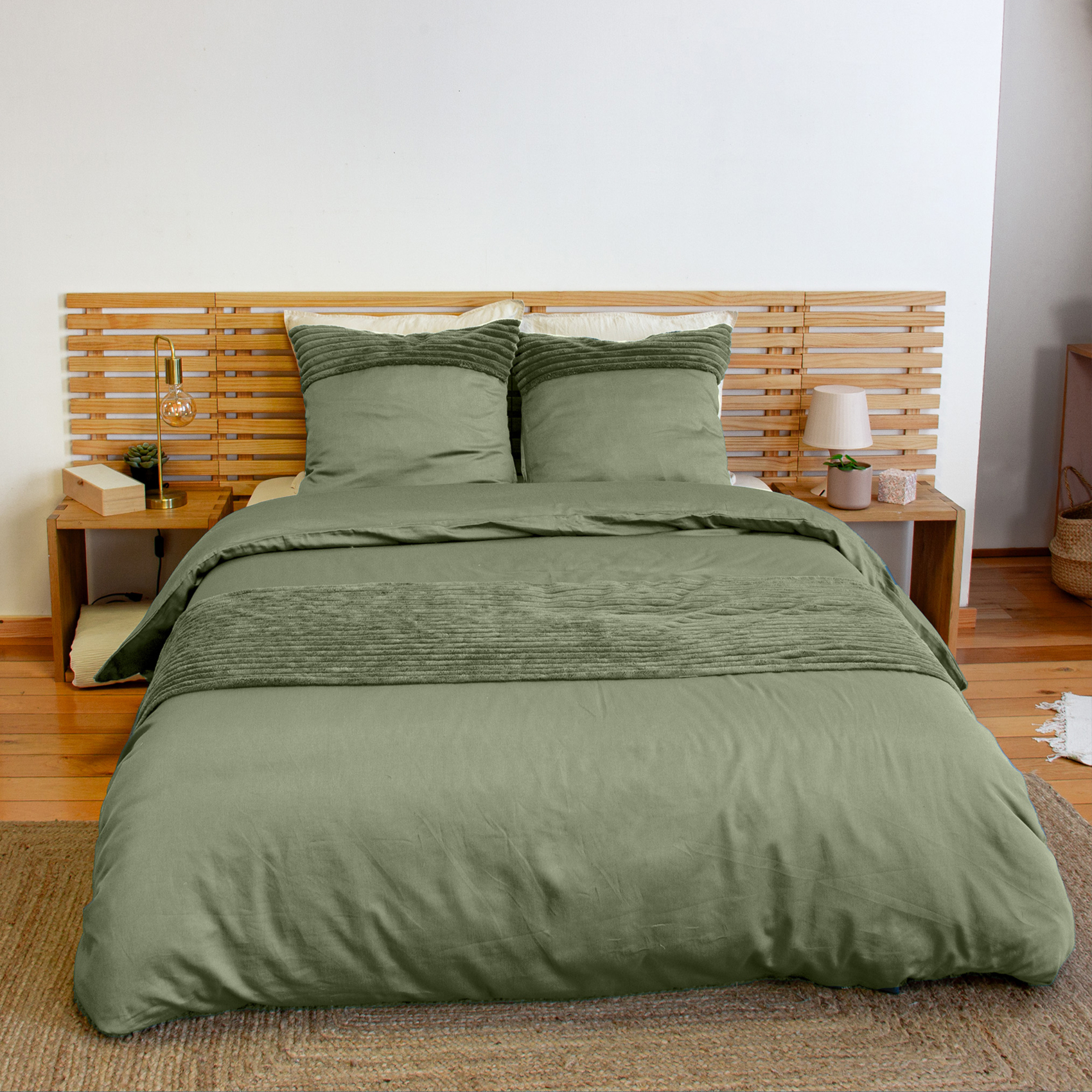 Parure de lit 3 pièces velours bande côtelé housse + taies — vue 5