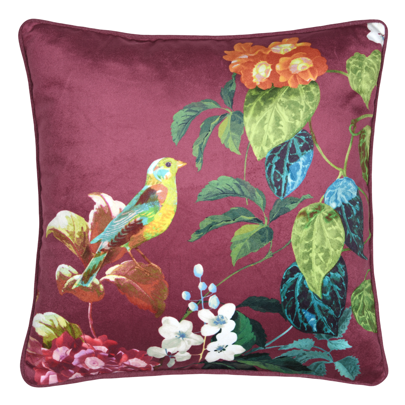 Coussin décoratif motif oiseau et feuillage