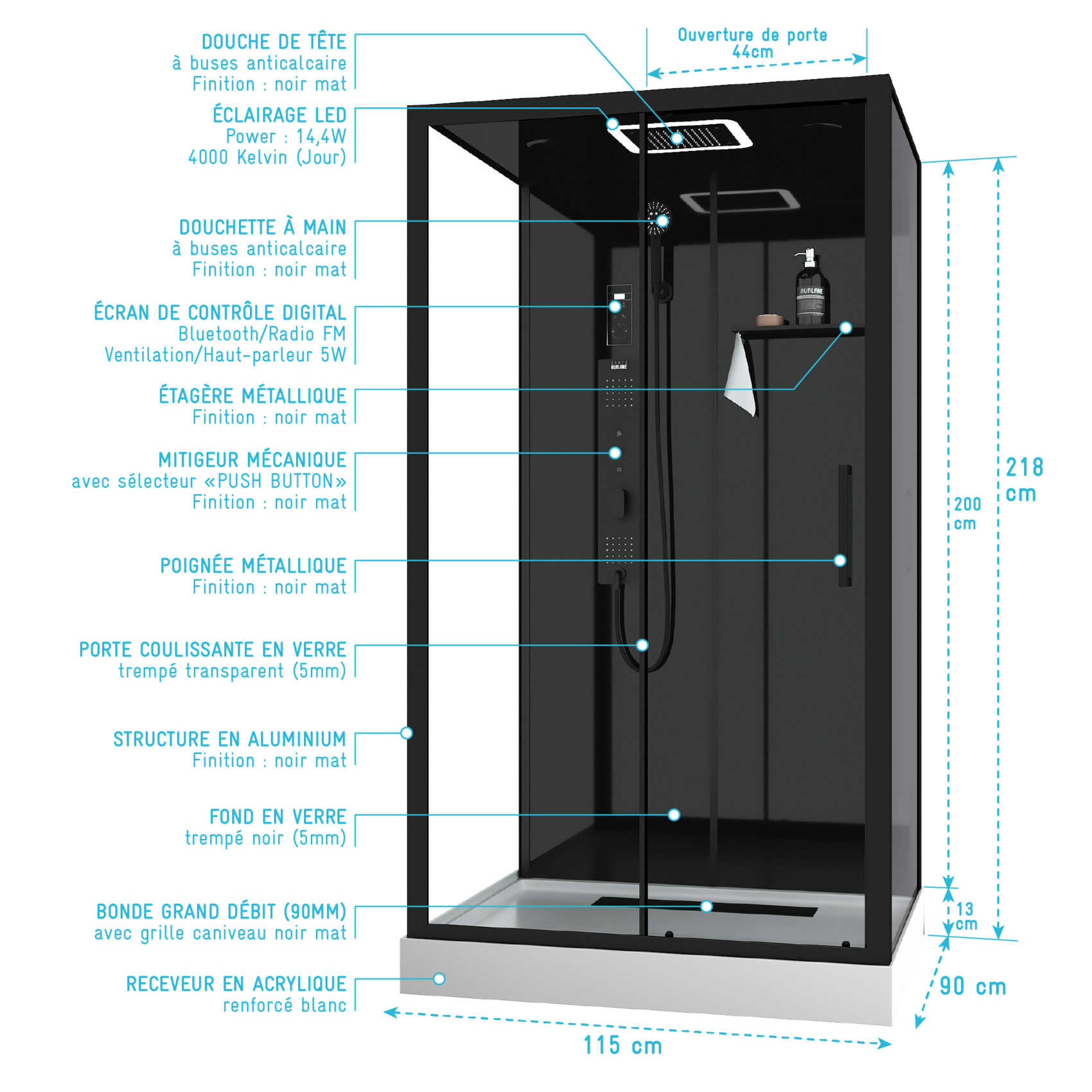 Cabine de douche hydromassante porte coulissante et panneau de contrôle tactile — vue 6