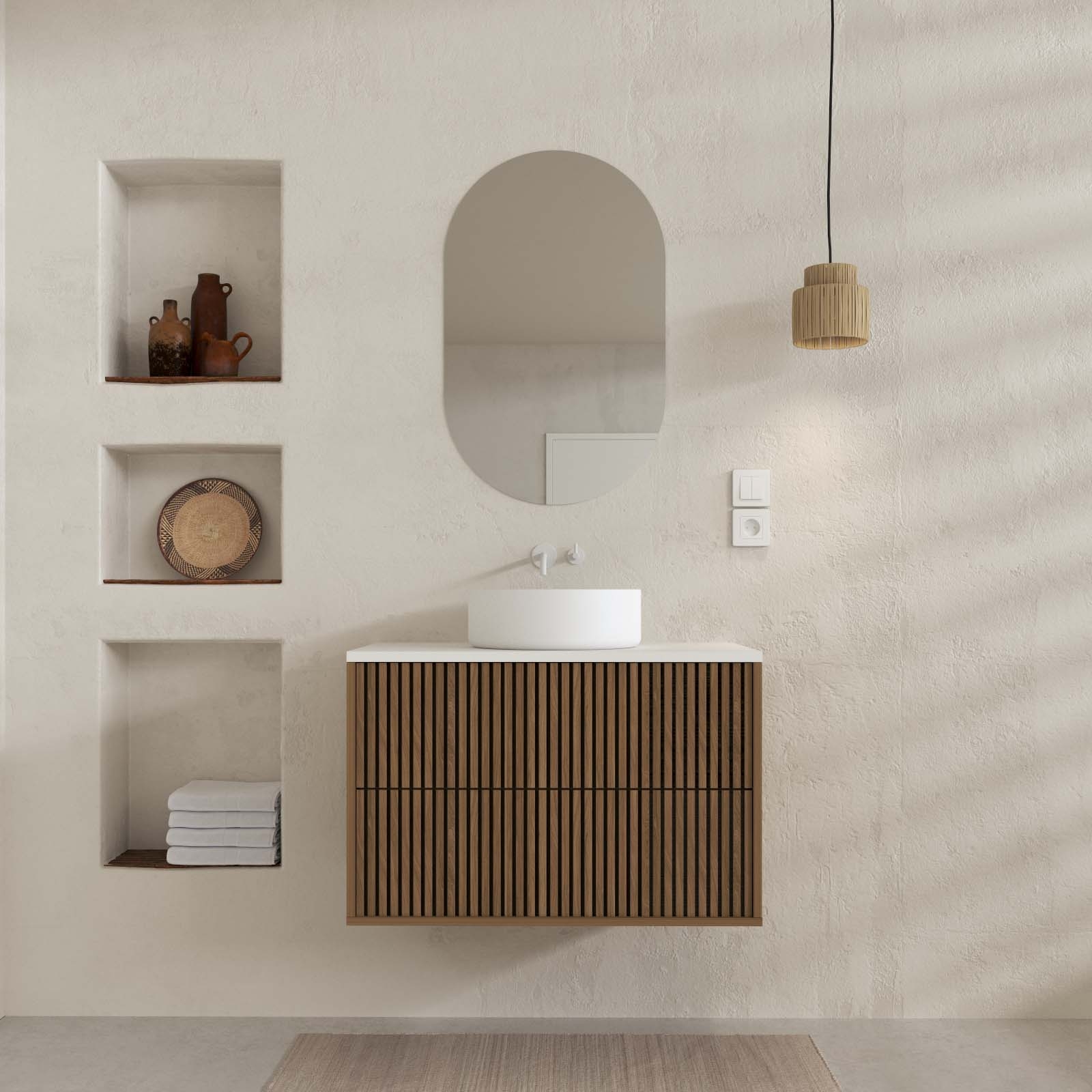Meuble de salle de bain suspendu avec façade crantée, vasque(s) ronde(s) et miroir(s) ovales — vue 5