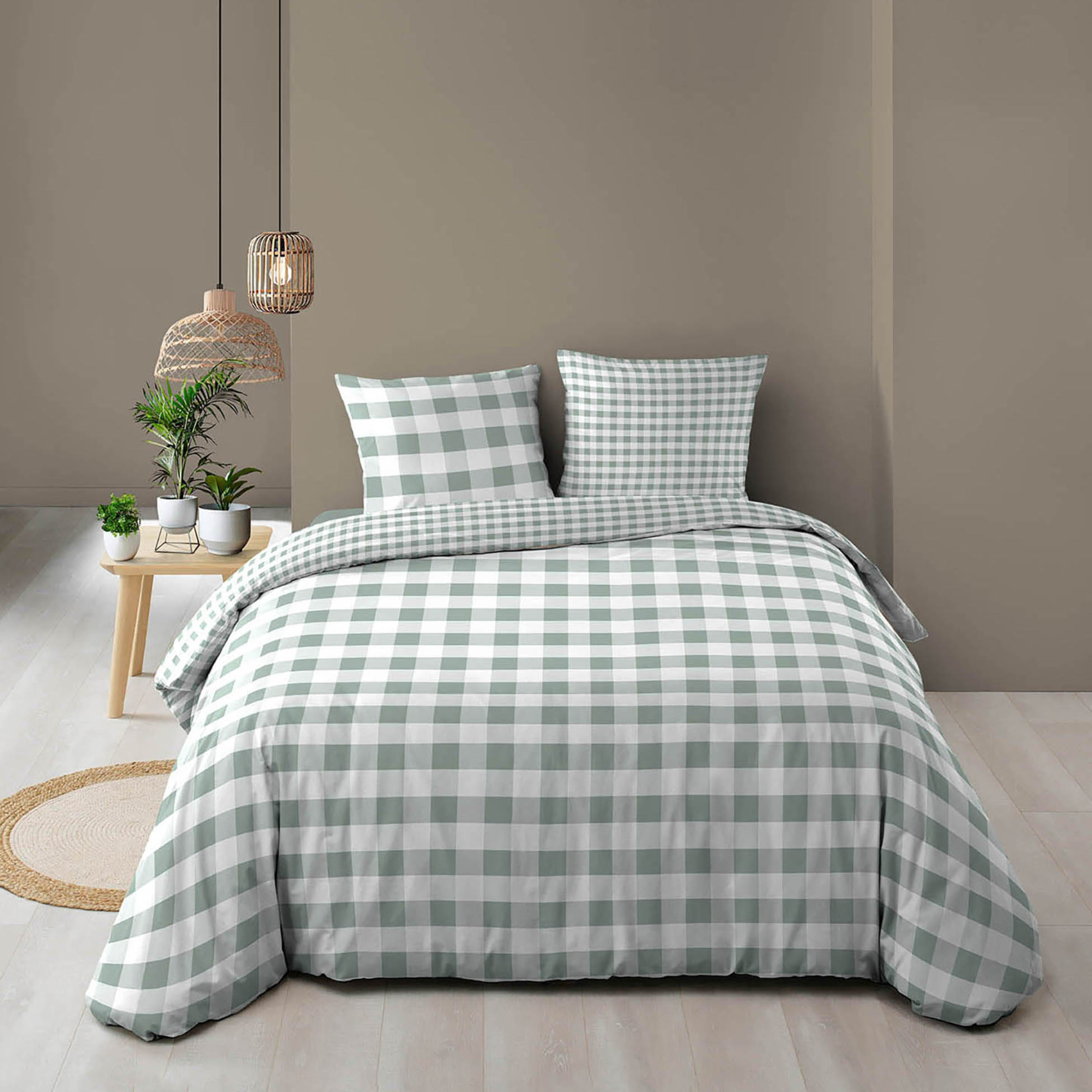 Parure de lit 3 pièces en coton à carreaux housse + taies