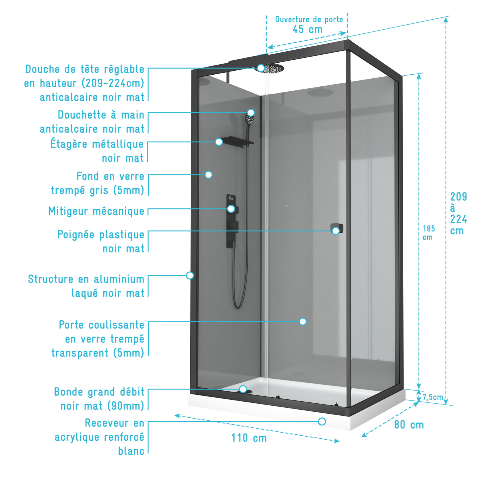 Cabine de douche rectangulaire avec receveur bas et porte coulissante — vue 3