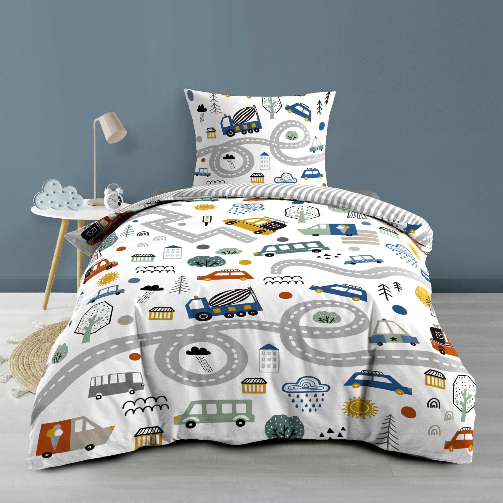 Parure de lit enfant réversible en coton motif véhicules et routes — vue 6