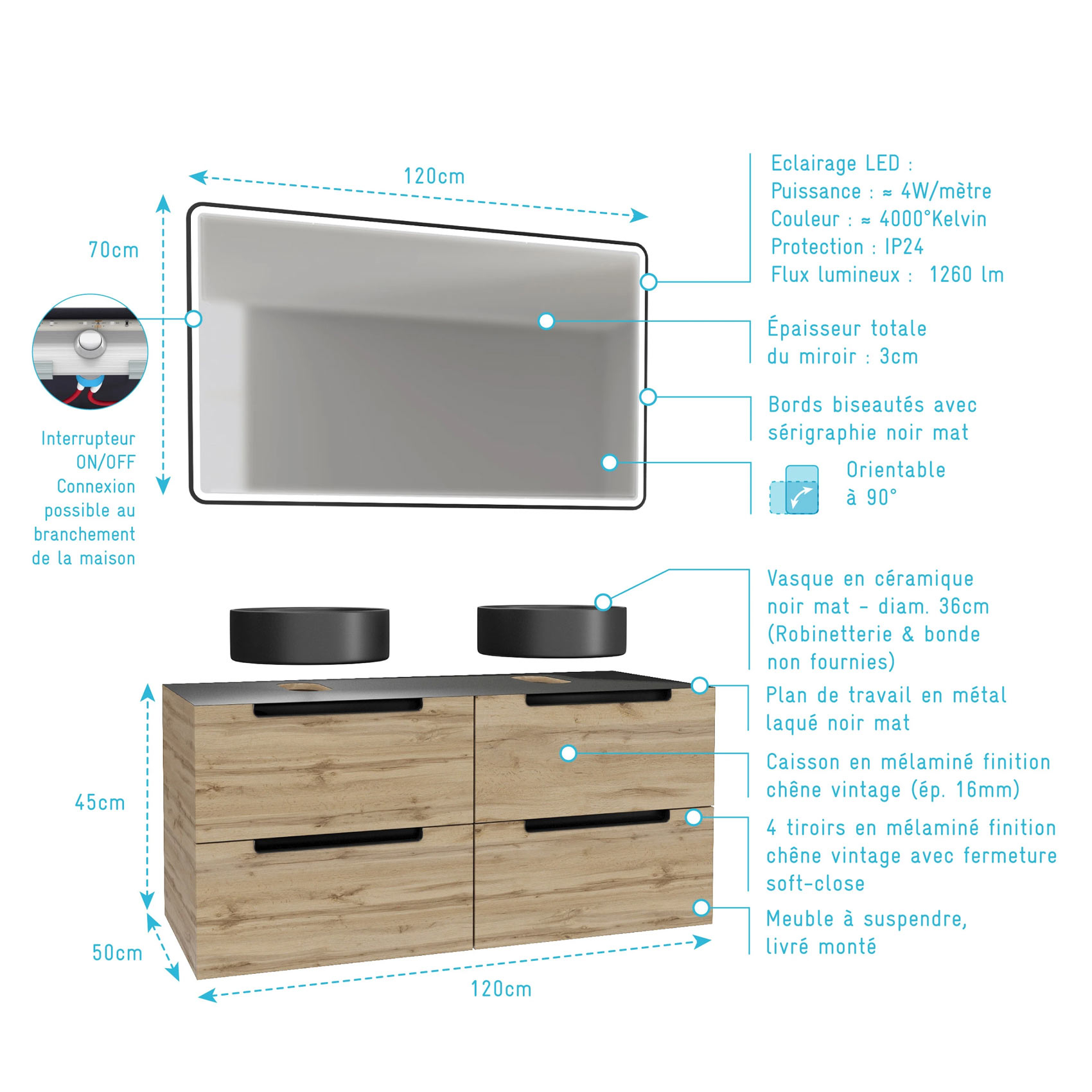 Meuble de salle de bains avec 2 vasques rondes et 1 miroir rectangulaire à led noir — vue 6