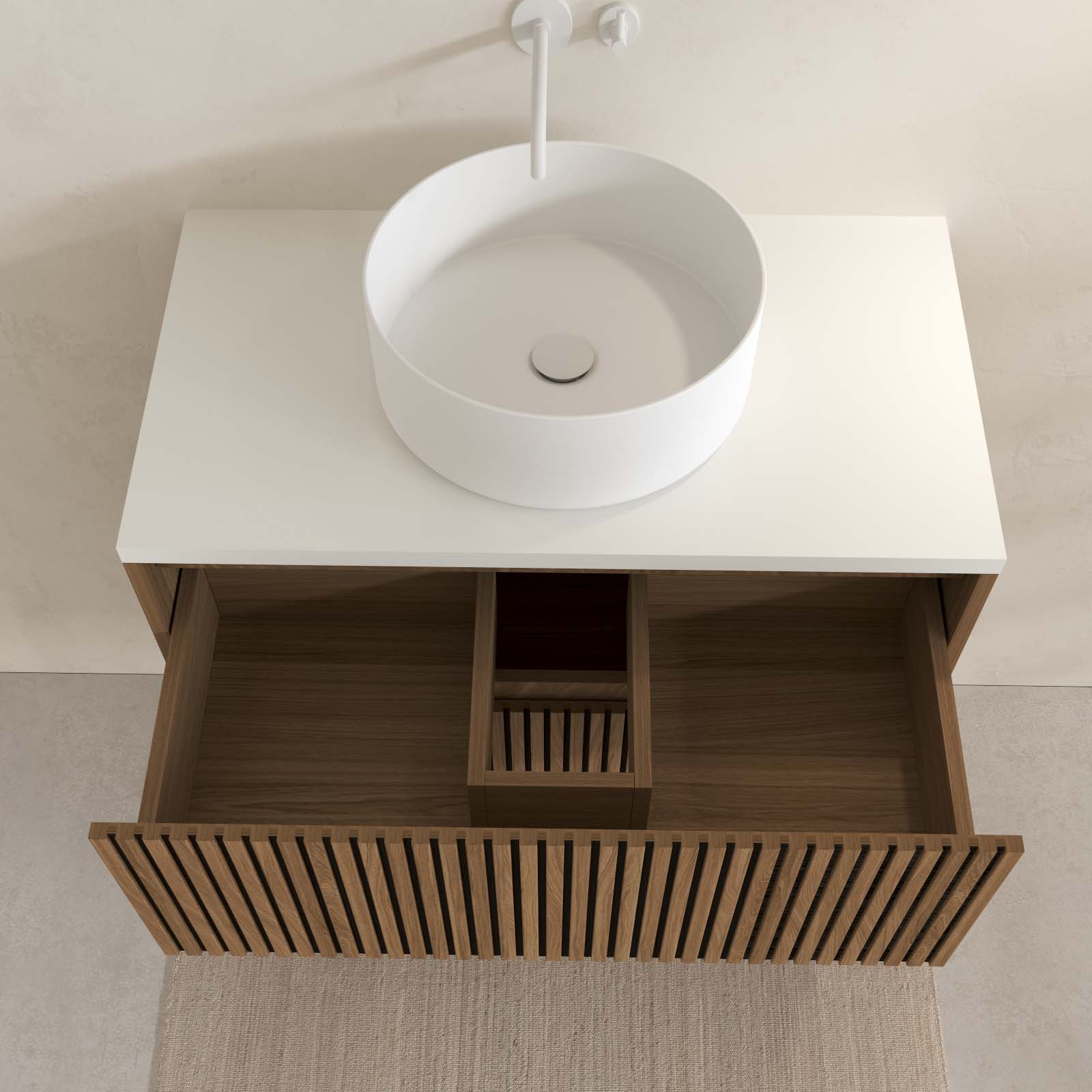 Meuble de salle de bain suspendu avec façade crantée, vasque(s) ronde(s) et miroir(s) LED — vue 3