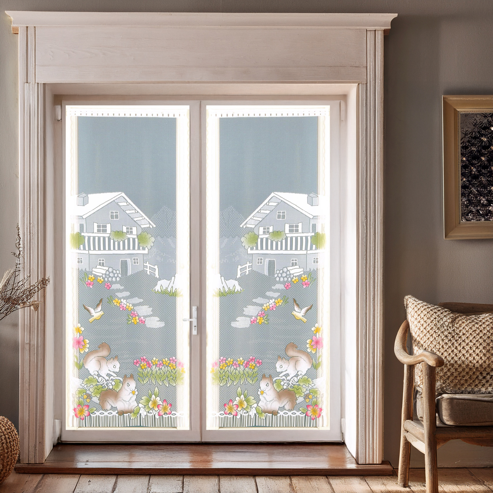 Paire de vitrages frangés en dentelle chalet et animaux — vue 4