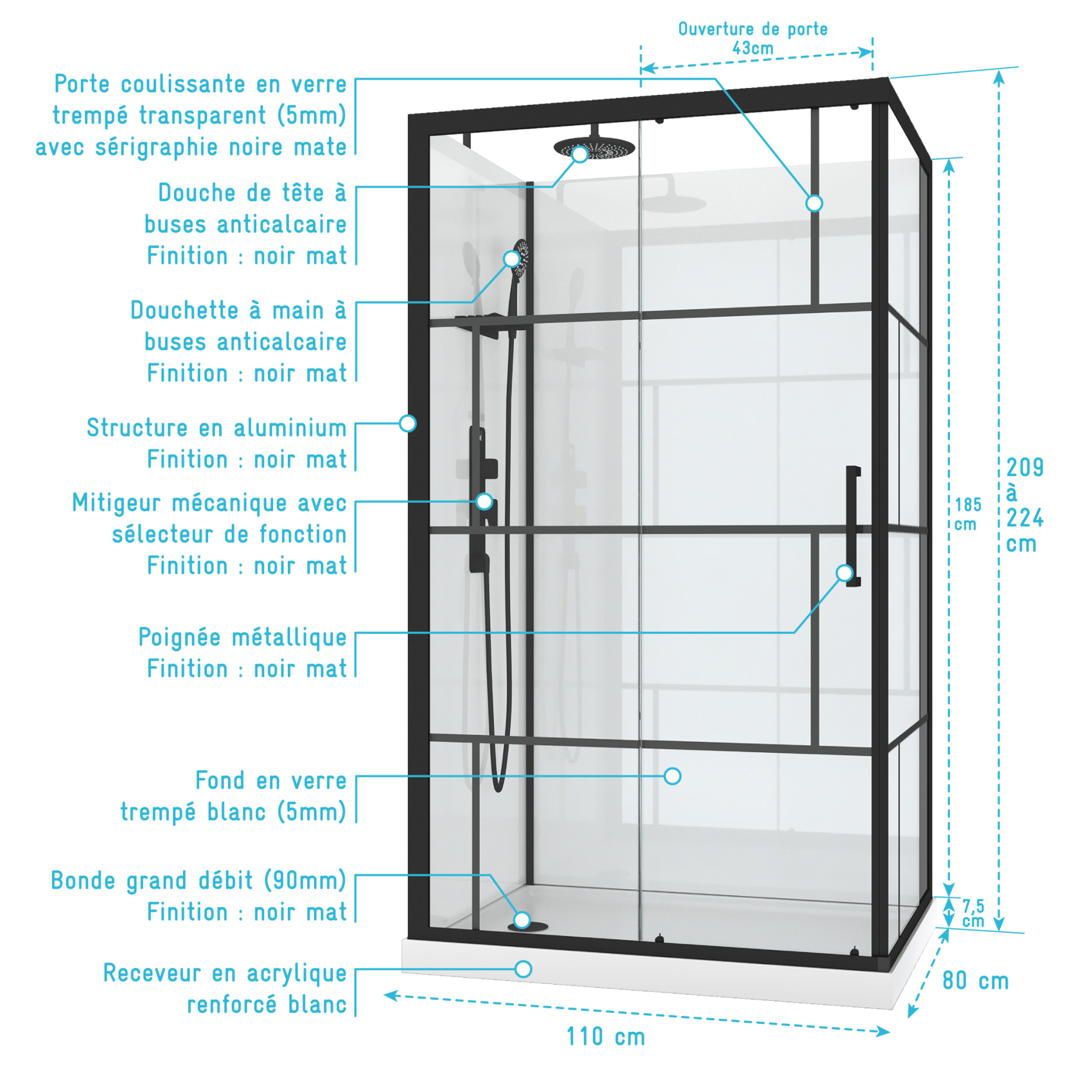 Cabine de douche rectangulaire portes coulissantes graphique — vue 5