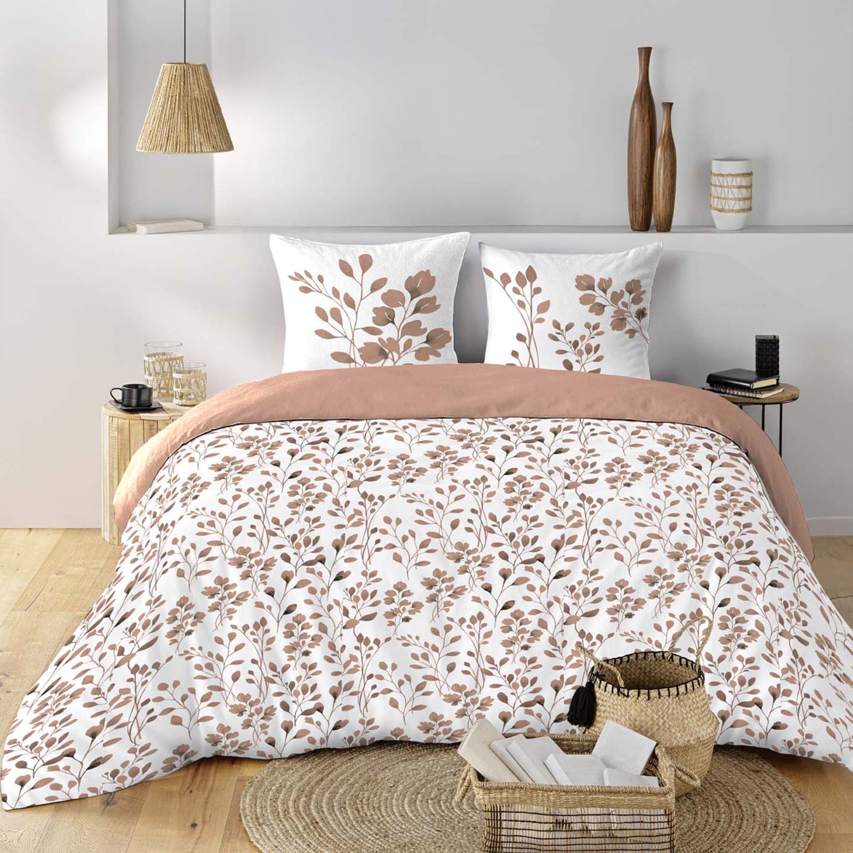 Parure de lit 3 pièces en coton à motif feuillage housse + taies — vue 3