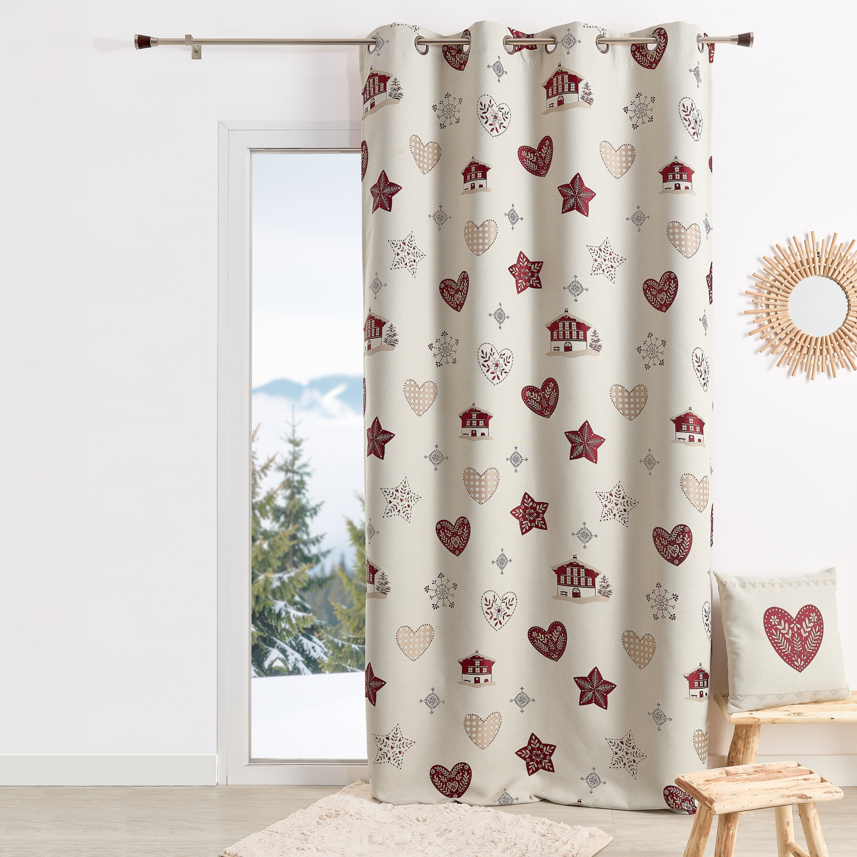 Rideau jacquard d’ameublement avec motifs chalets et cœurs — vue 3