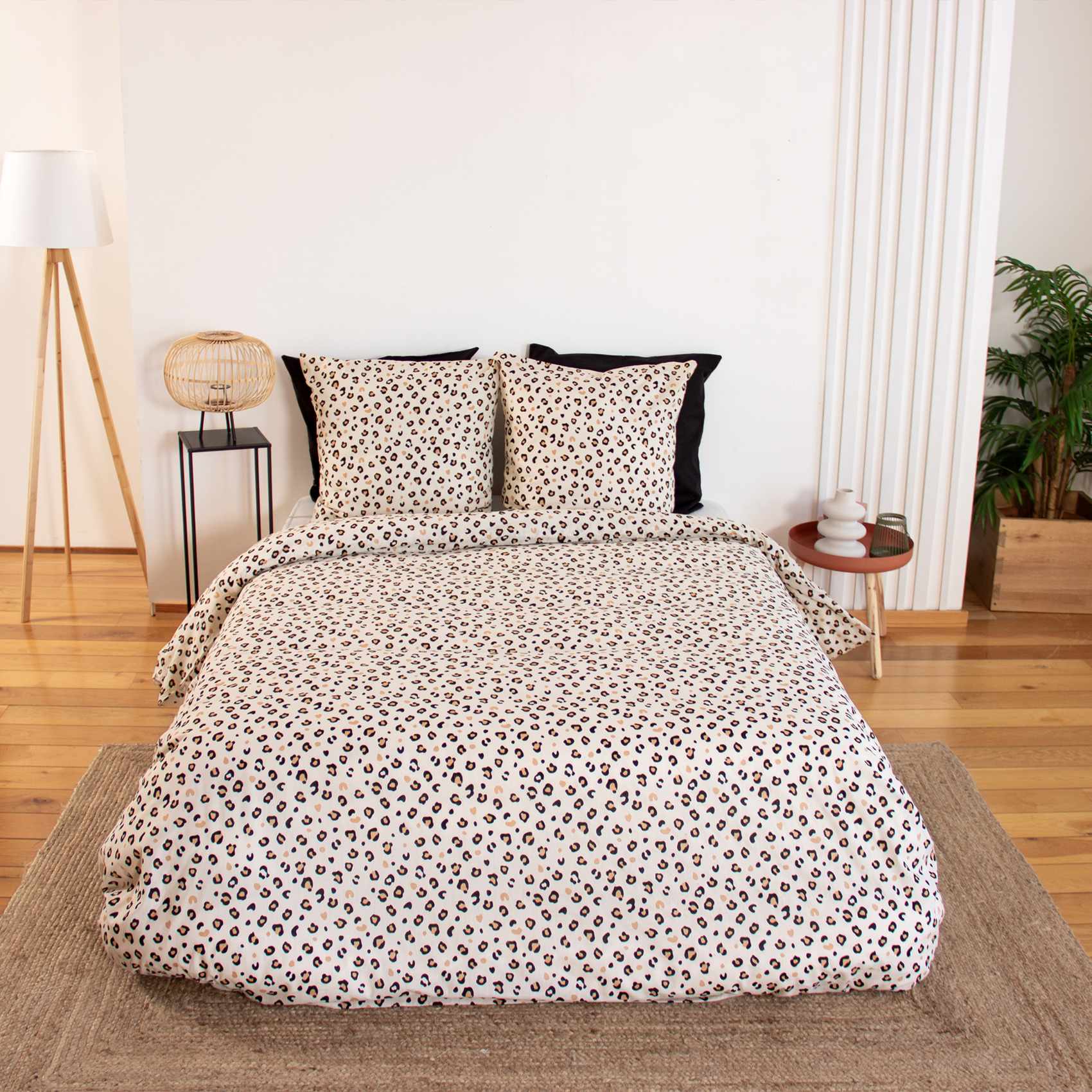 Parure de lit 3 pièces léopard coton housse + taies