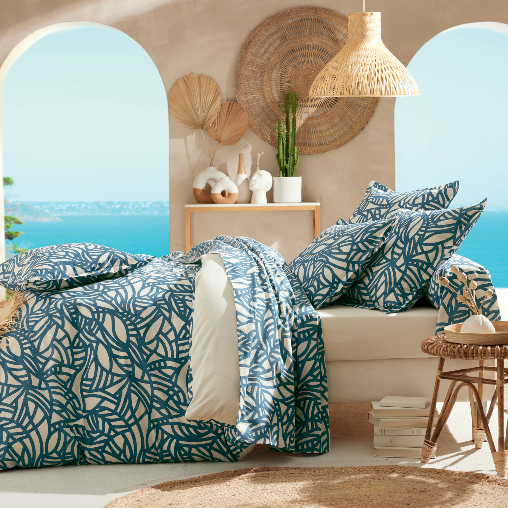 Parure de lit  2 pièces coton végétal géométrique housse + taie