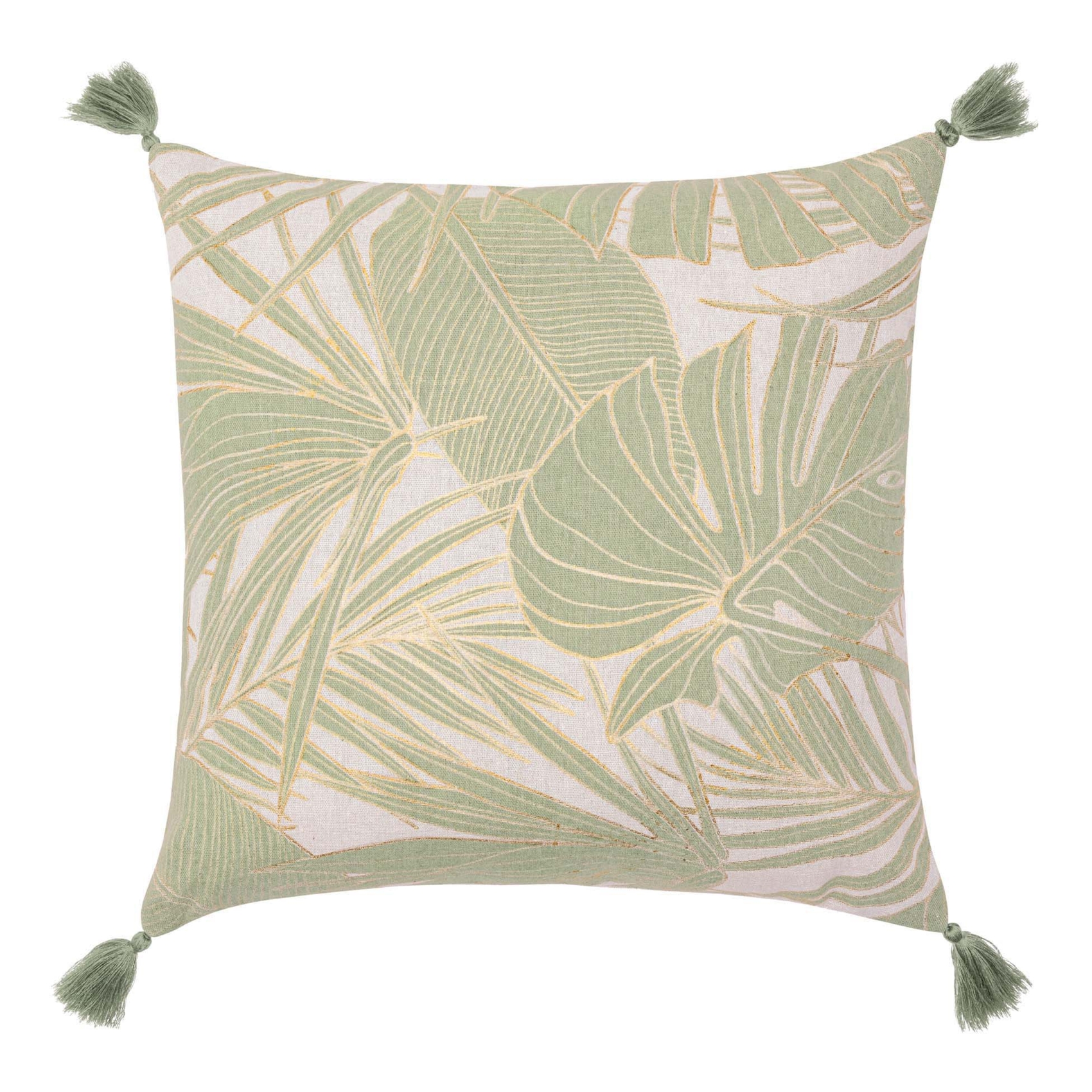 Coussin polycoton feuillages tropicaux métallisé à pompons