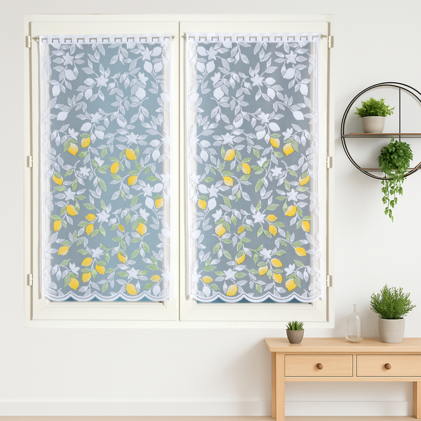 Paire de vitrages en dentelle peinte à la main citron