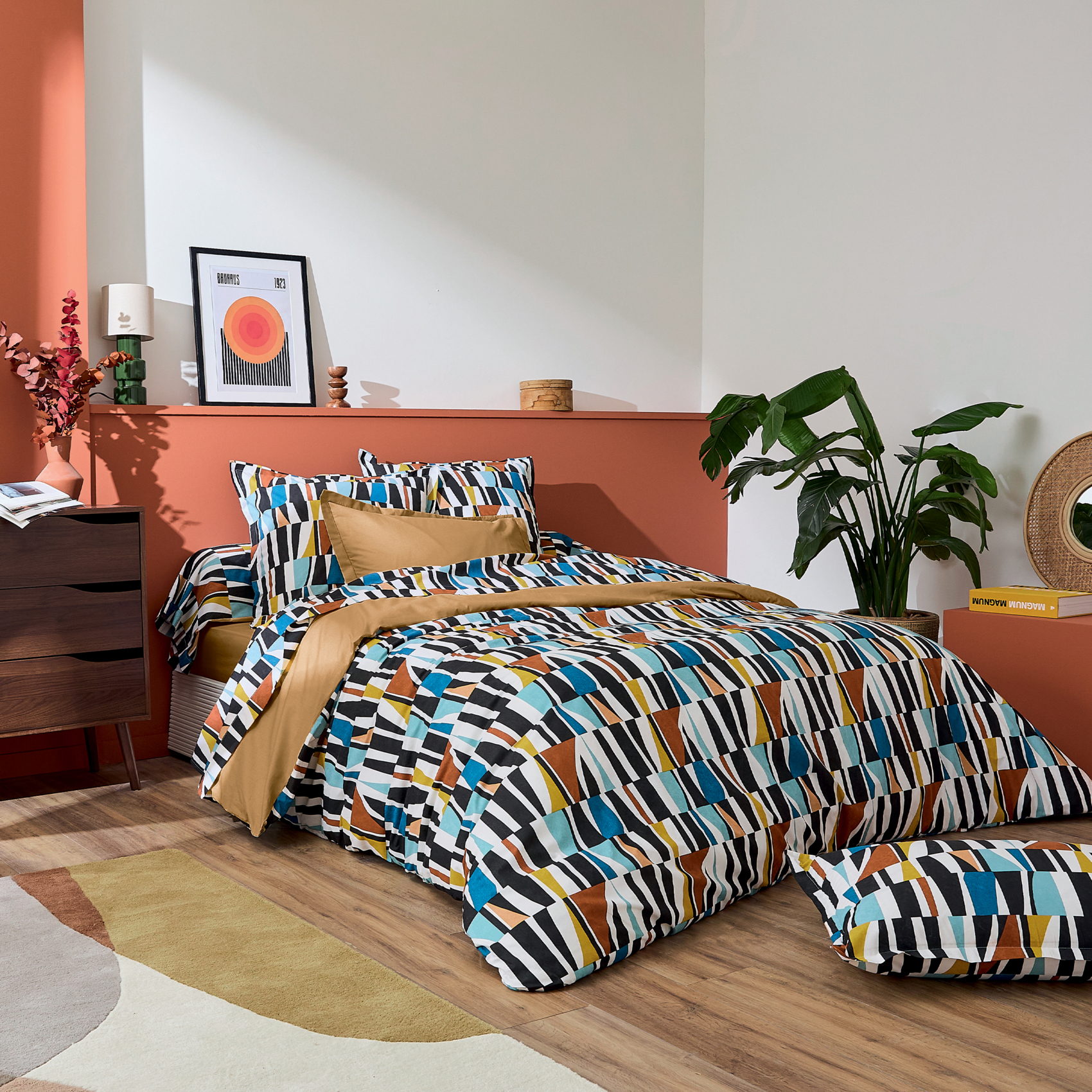 Housse de couette coton géométrique réversible uni