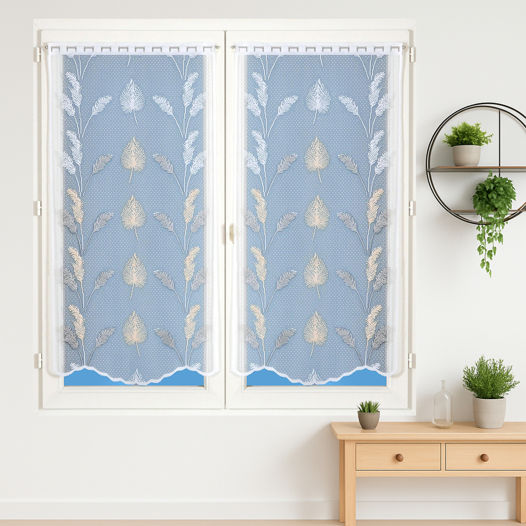 Paire de vitrages dentelle base ondulée feuillage