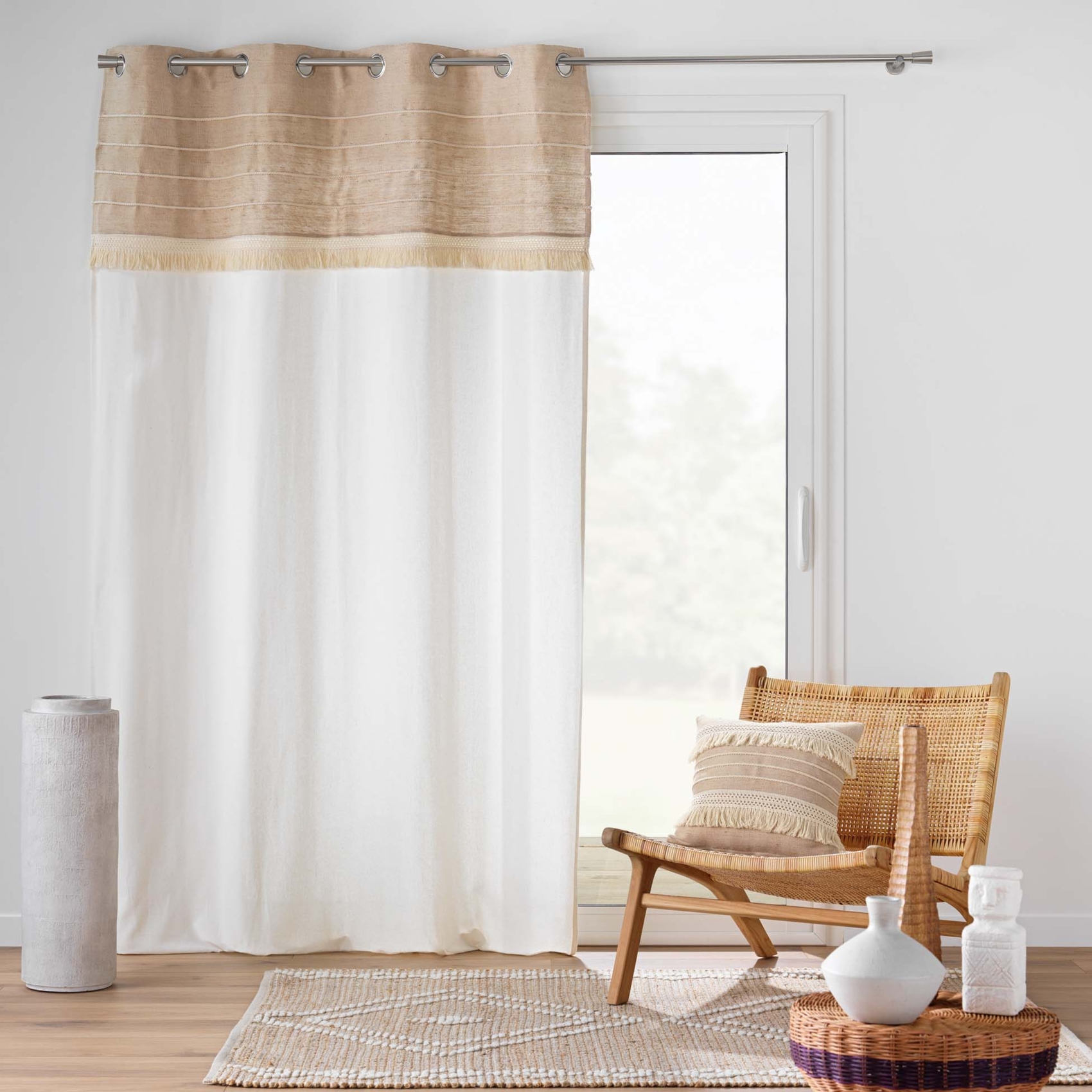Rideau à œillets en poly-coton et jute avec bande structurée