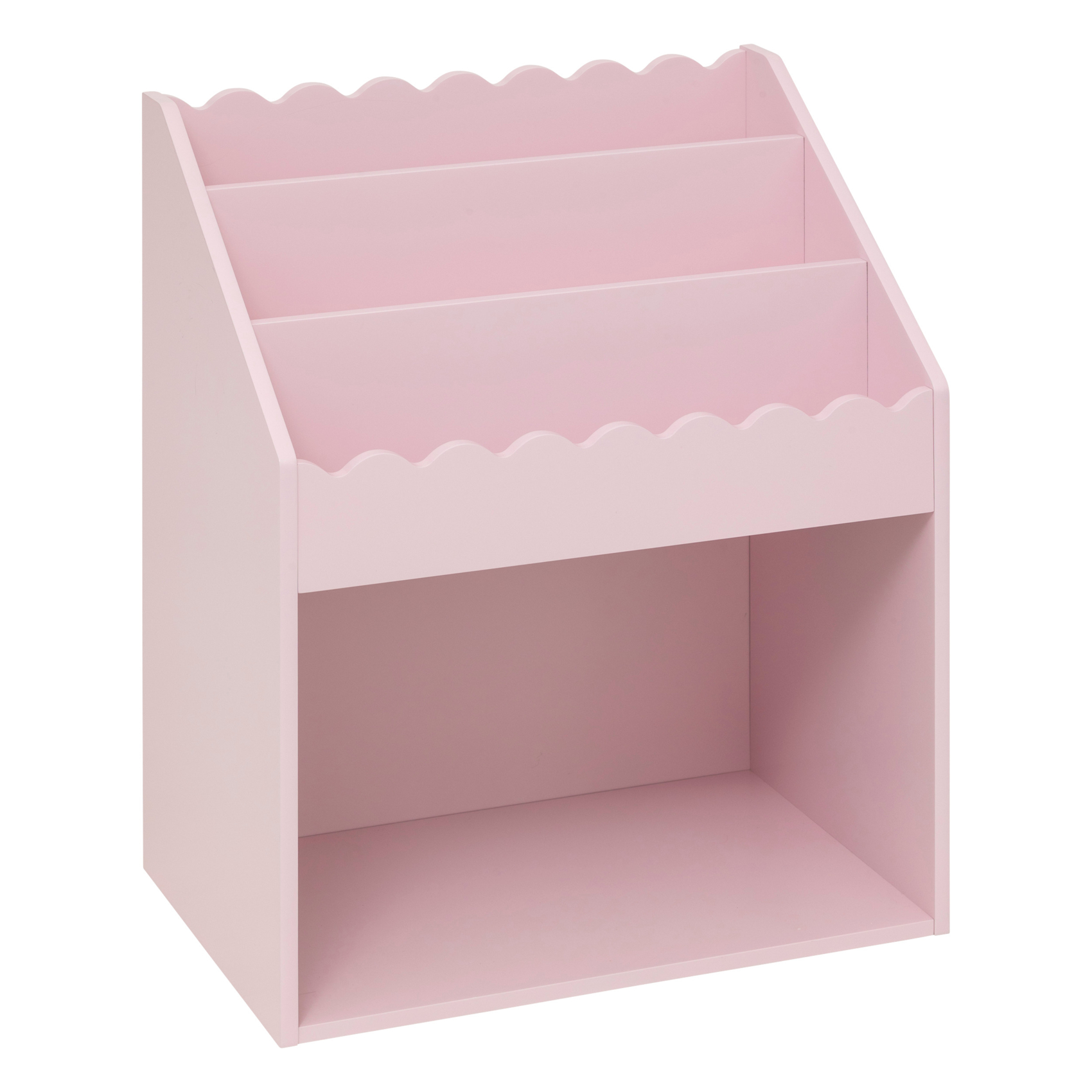 Bibliothèque enfant en bois rose avec étagères