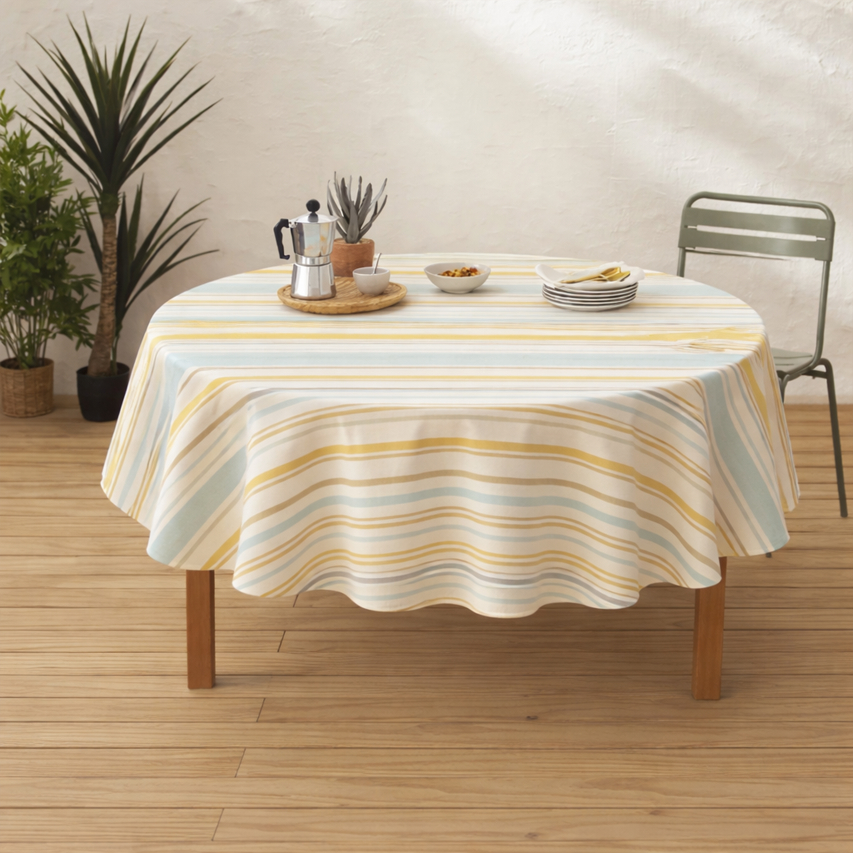 Nappe ronde coton enduit rayures basque