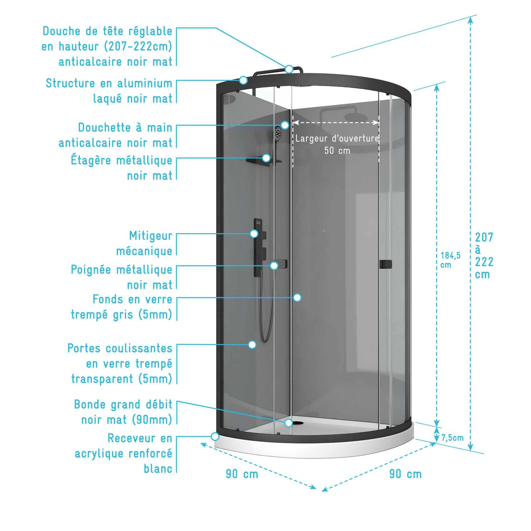 Cabine de douche 1/4 de cercle avec receveur — vue 4