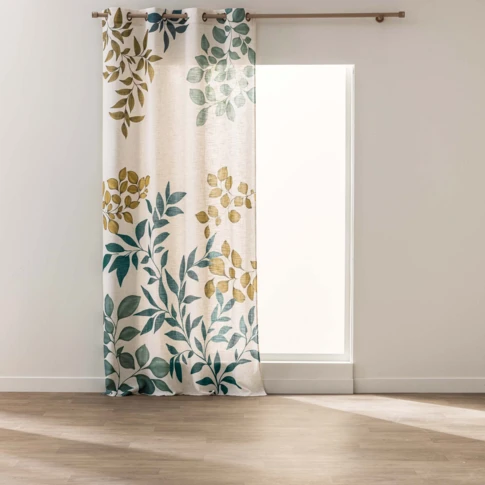 Rideau à œillets polylin imprimé feuillages tamisant 140 x 260 cm NATUREL