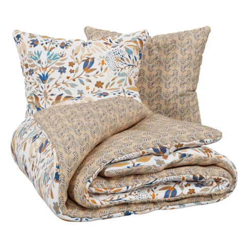 Parure de lit réversible 3 pièces coton végétal housse + taies 220 x 240 cm Beige