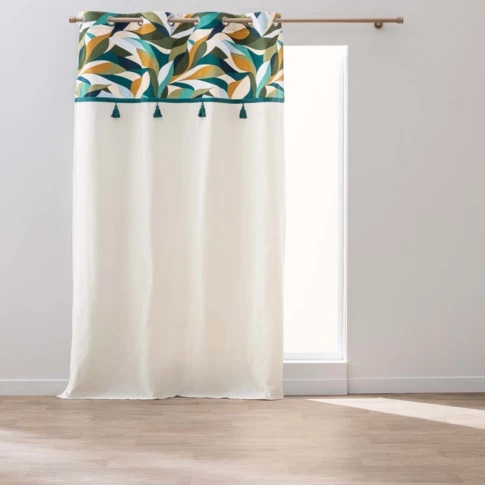 Rideau à œillets polycoton avec top feuillage graphique et pompons 140 x 240 cm BLEU